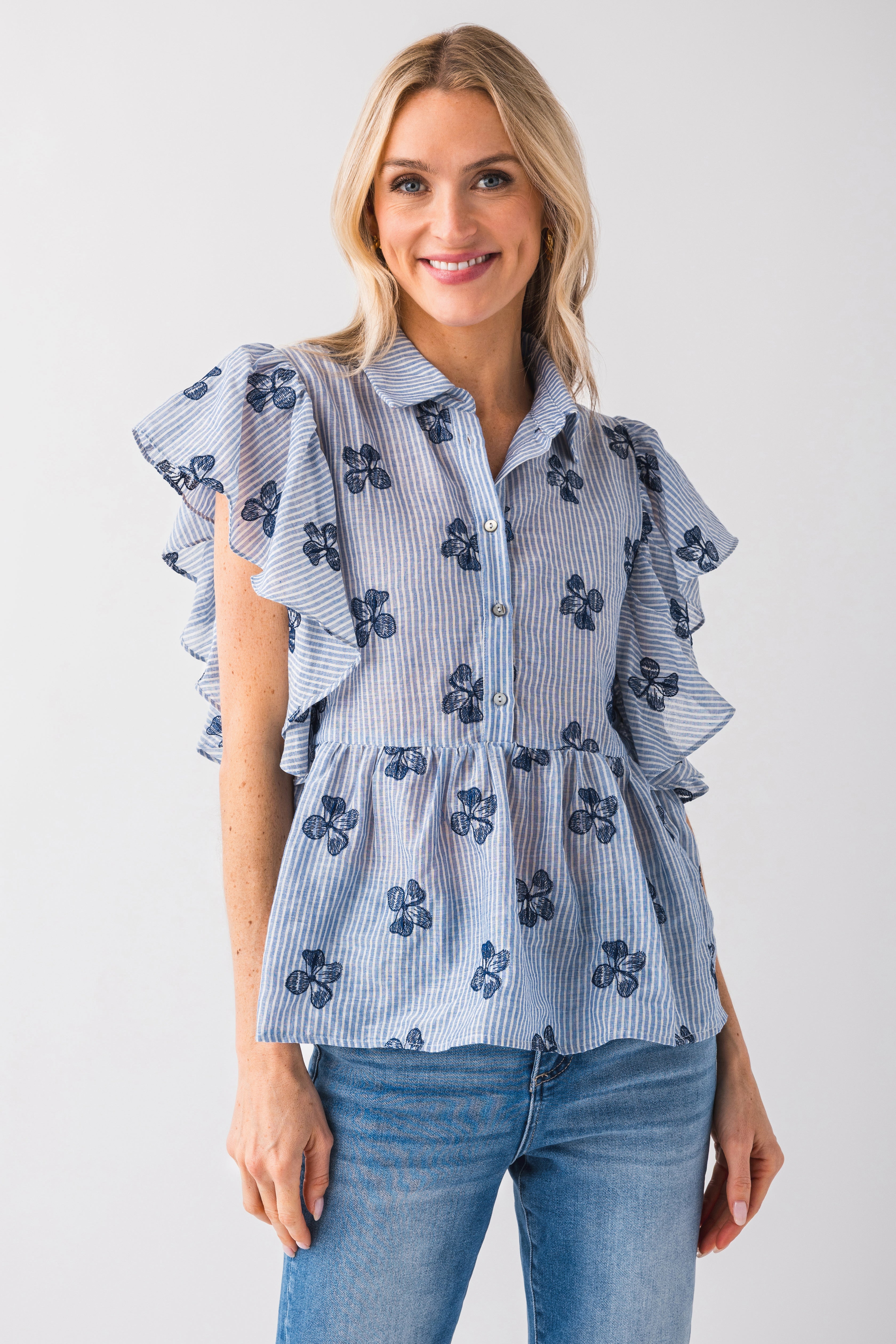 Voy Peplum Top for Women - Floral & Striped Print with Ruffle Sleeves - Casual Blouse for Spring Summer Outfits, Date Night & Office Wear