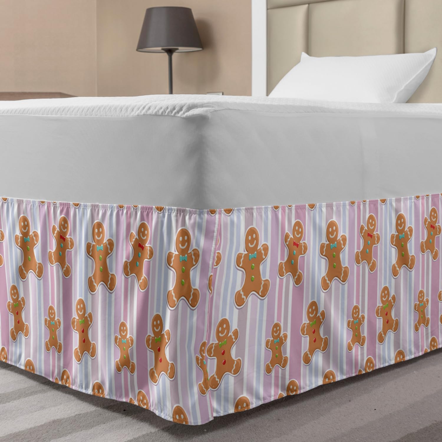 Ambesonne Gingerbread Man Christmas Bed Skirt - Pastel Striped Bakery Themed Wrap Around Elastic Gathered Design for Full Size Beds - Perfect for Holiday Bedroom Decor & Festive Home Styling
