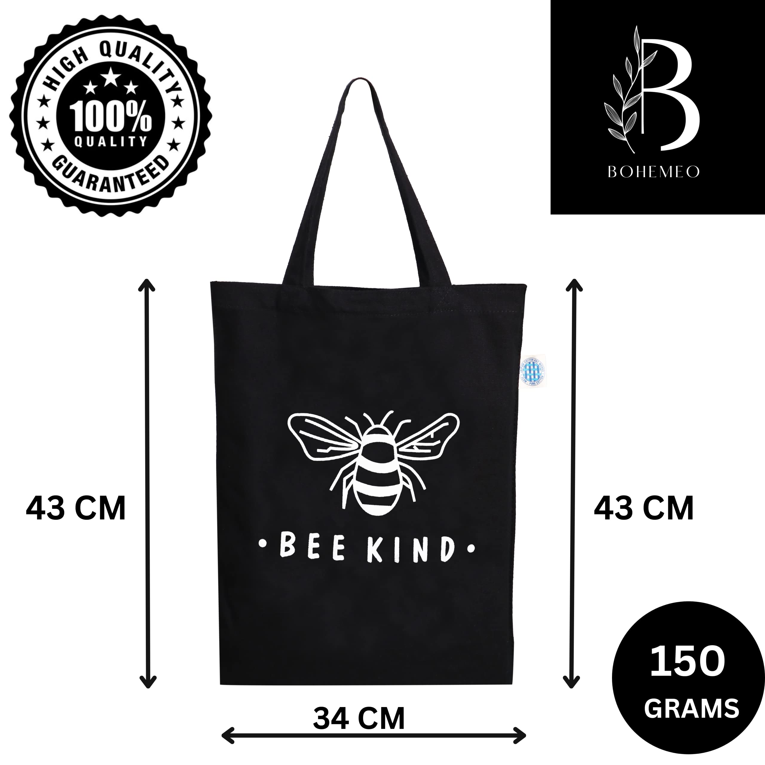 BOHEMEO Reusable Organic Cotton Canvas Tote Bag - Eco-Friendly Fashion Handbag with Stylish Prints for Women, Perfect for Shopping, Beach & Daily Use