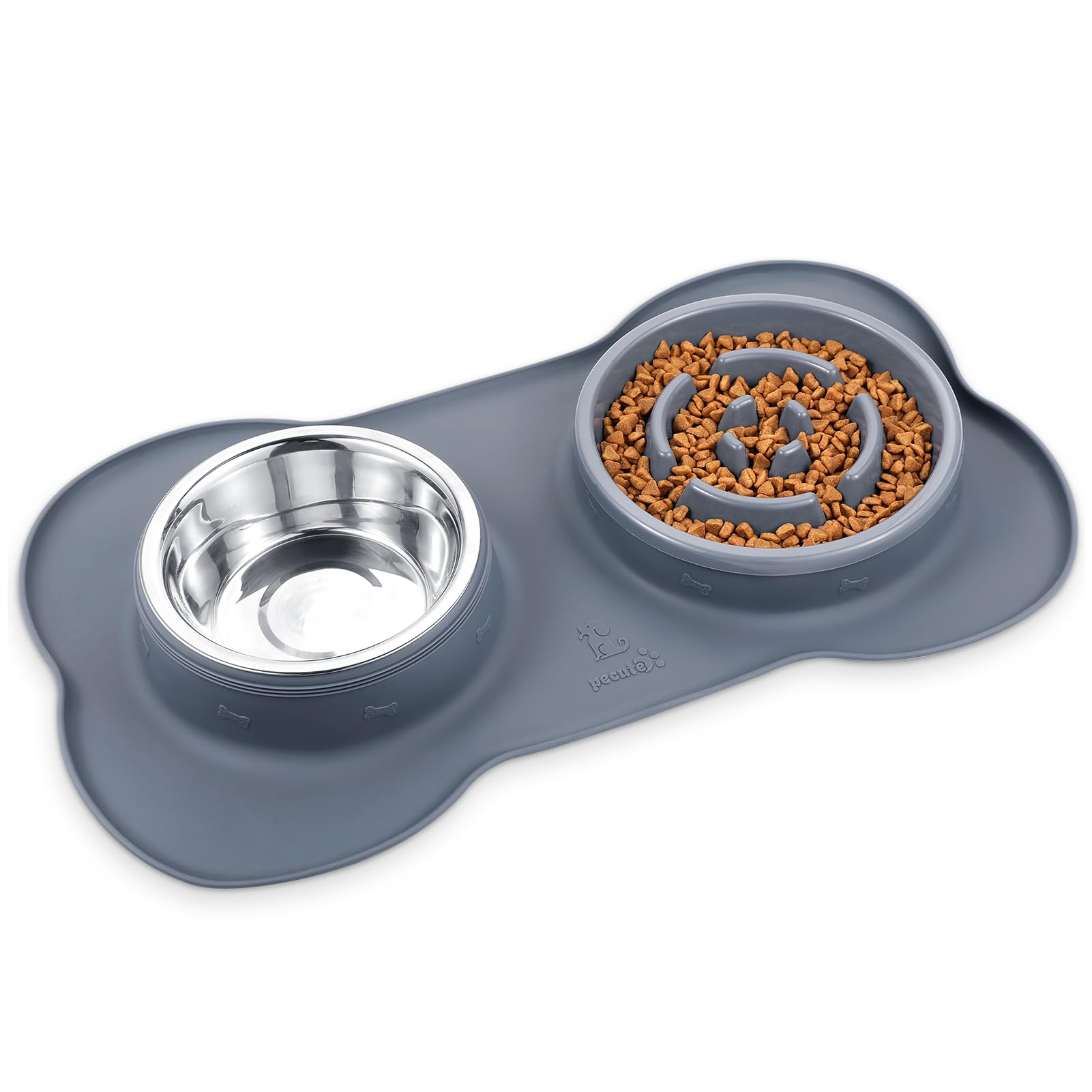 Pecute Slow Feeder Dog Bowl - Non-Slip Silicone Mat, Stainless Steel Pet Food & Water Dish - Reduce Fast Eating for Dogs & Cats - Perfect for Mealtime, Training, and Portion Control