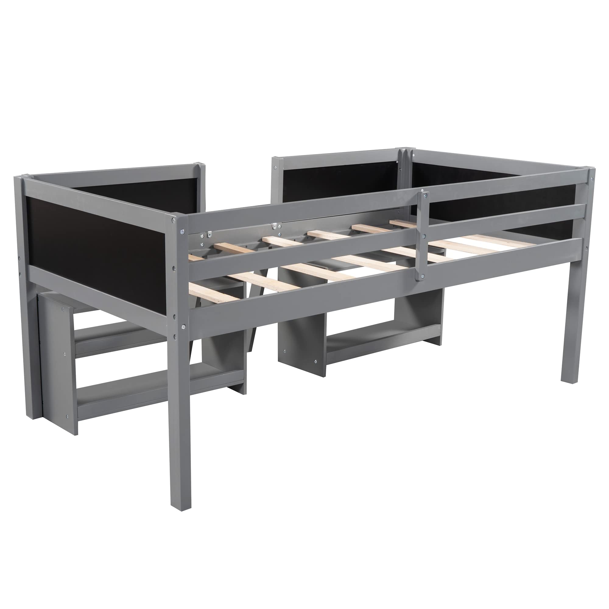 Wooden Twin Loft Bed for Kids with 2 Movable Shelves, Ladder & Chalkboard Guardrail - Space-Saving Gray Bed Frame for Boys & Girls Bedroom | Perfect for Small Rooms, Dorm Decor & Play Areas