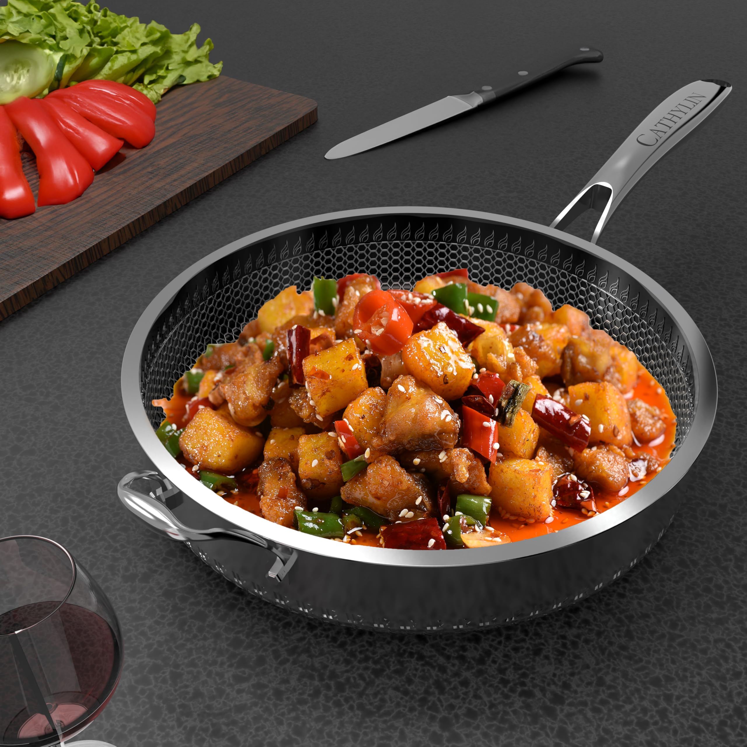Premium 316L Stainless Steel 8QT Hexagon Nonstick Frying Pan with Lid - PFOA Free, Oven & Dishwasher Safe Wok - Ergonomic Single Handle Design for Professional Cooking - Perfect for Stir-Frying, Sautéing & Family Meals