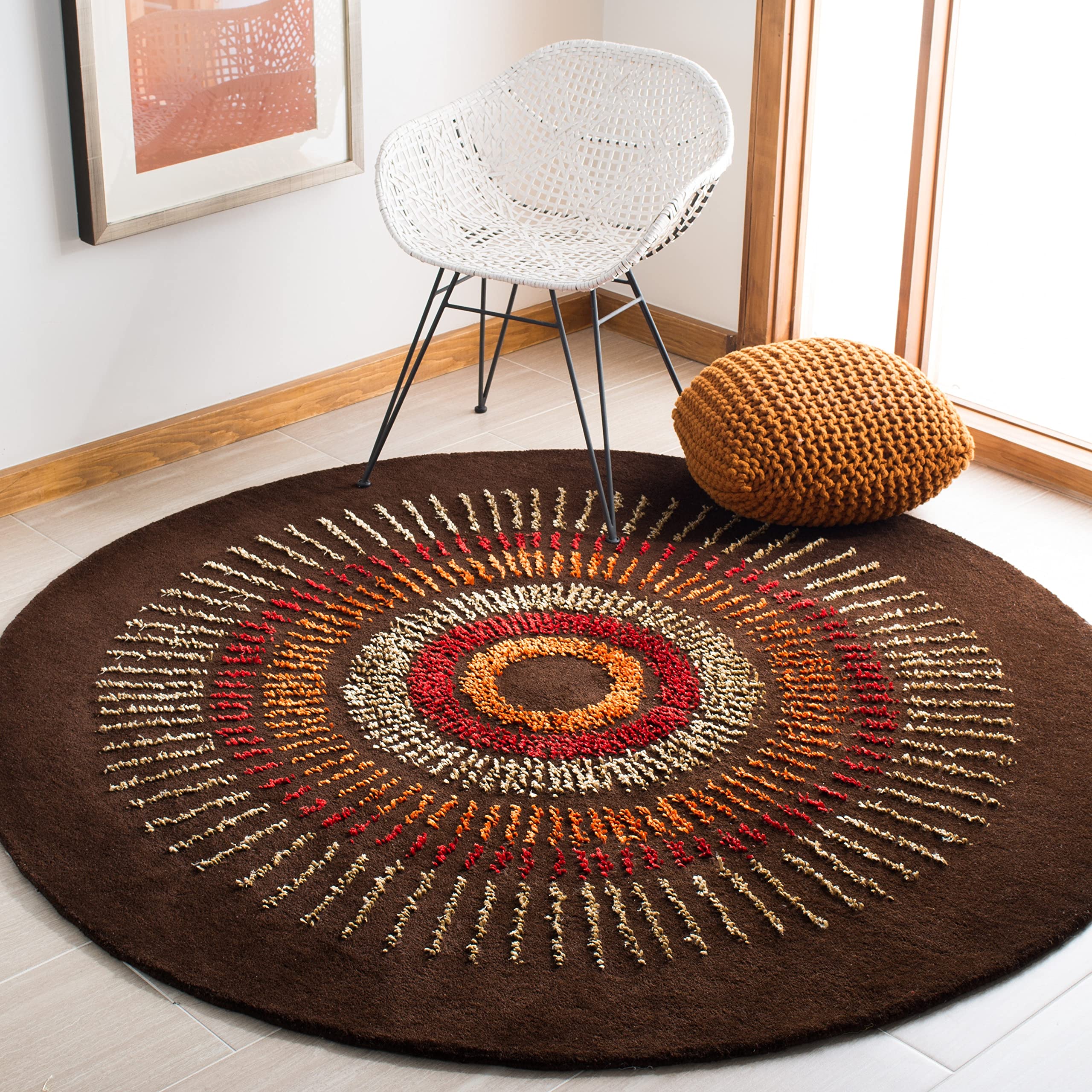 SAFAVIEH Soho Collection 4' Round Brown & Gold Handmade Wool Area Rug - Perfect for Living Room, Bedroom or Office Decor