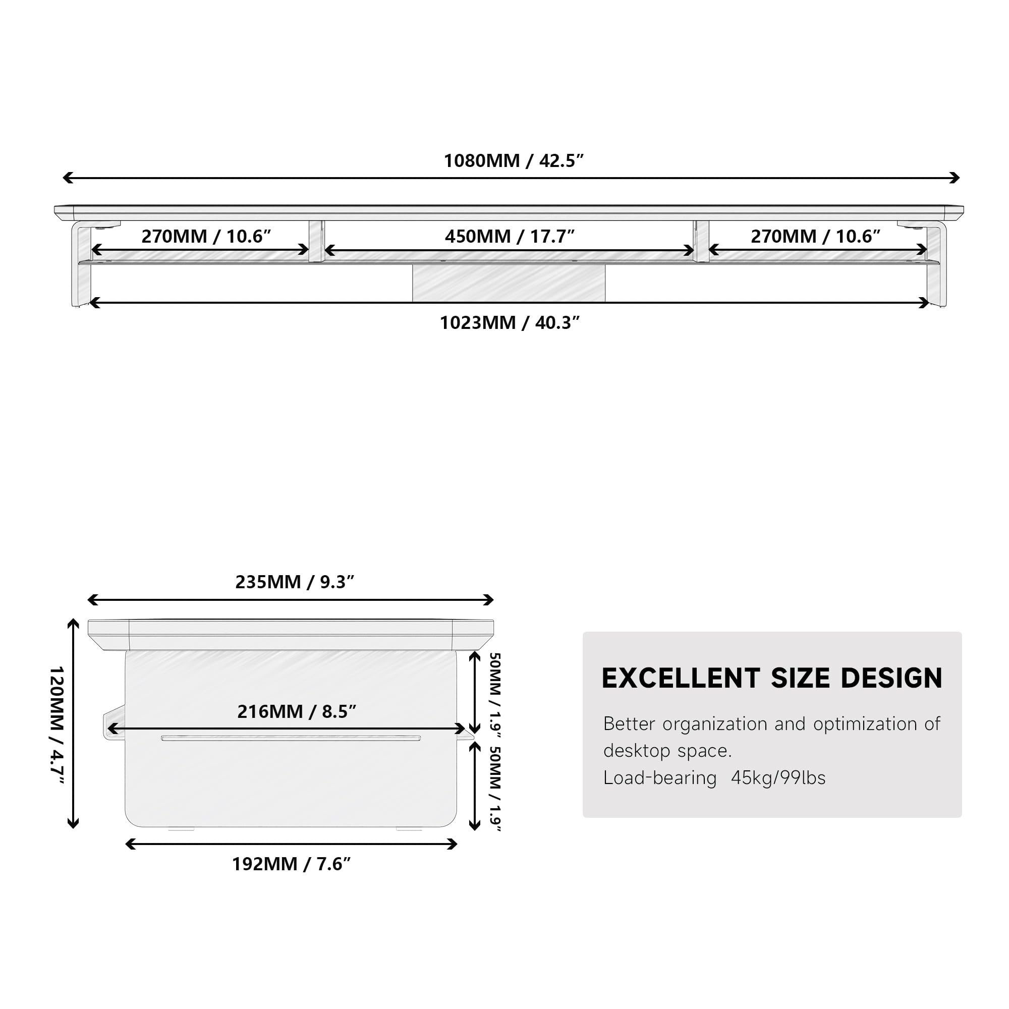 FENGE 42.5 Inch 2-Tier Acrylic Dual Monitor Stand Riser with Storage Organizer - White | Ergonomic Computer Desk Organizer for Home Office, Gaming Setup & Workspace | Fits Laptop, PC, TV & Multiple Screens