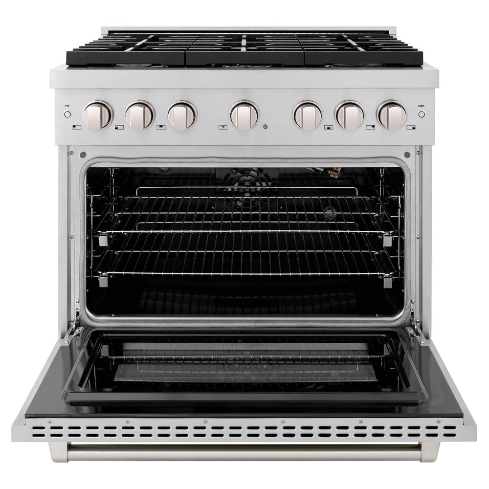ZLINE 36 Inch Stainless Steel Gas Range Kitchen Package with Convertible Vent Hood & Microwave Drawer - 3KP SGRRH36 MW - Perfect for Modern Kitchens & Open Concept Homes