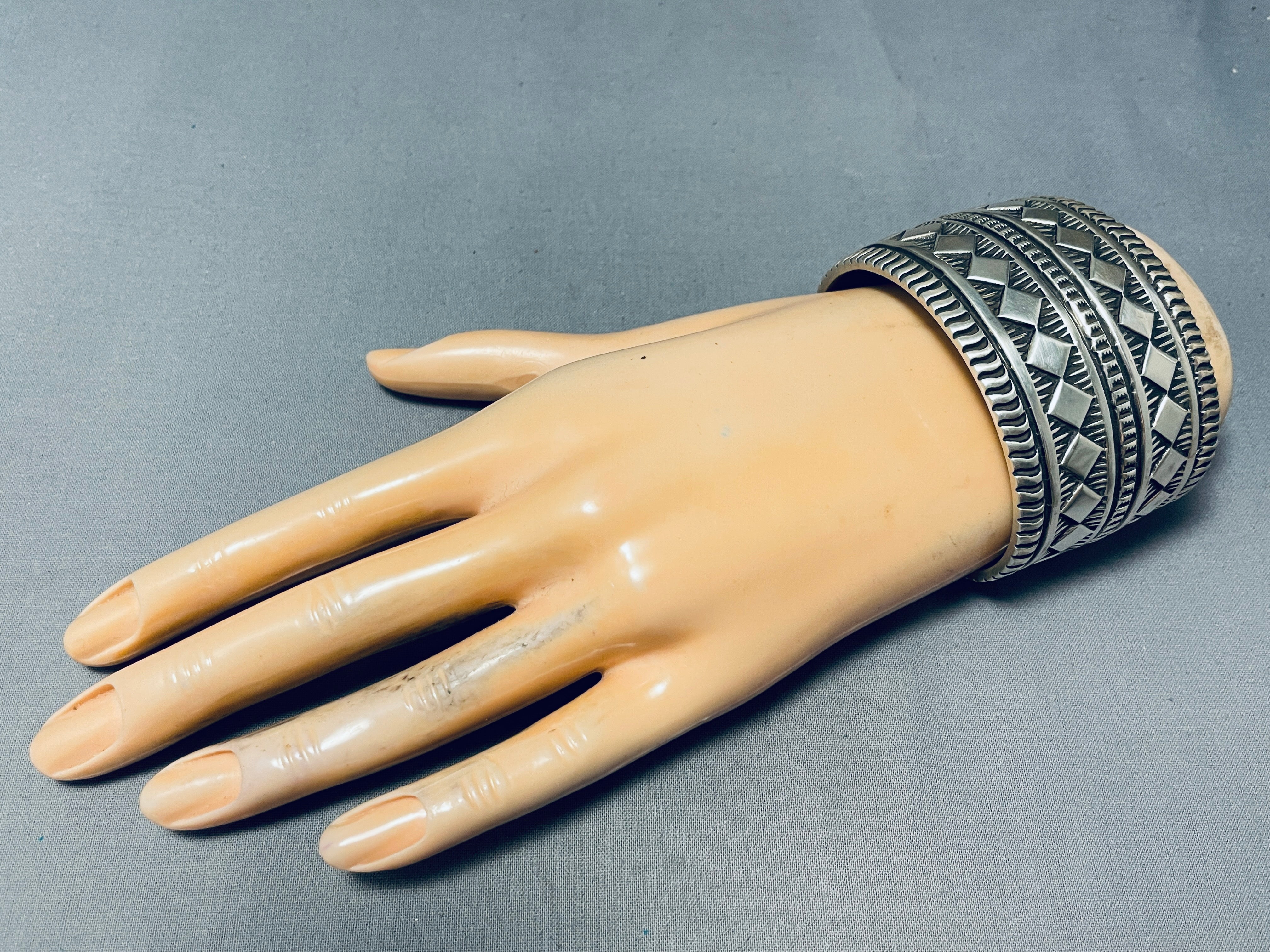 150 Grams Navajo Sterling Silver Diamond Stamped Bracelet - Authentic Native American Jewelry for Women, Perfect for Weddings, Parties & Special Occasions