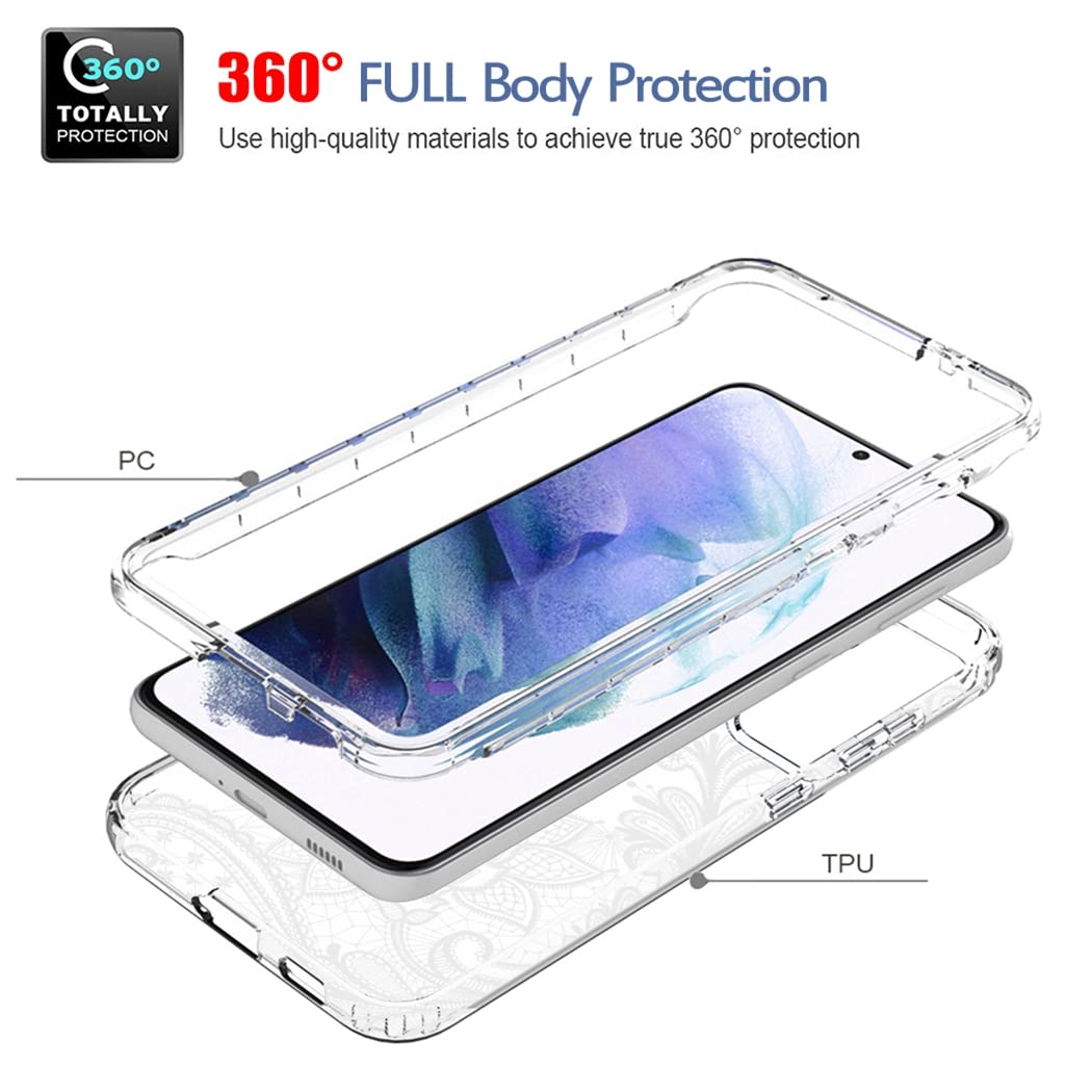 Premium Clear Mandala Pattern Phone Case for Samsung Galaxy S22 Plus 5G (SM-S906U) with Tempered Glass Screen Protector | Full Body Protection | Stylish & Durable Cover for Everyday Use, Work & Travel