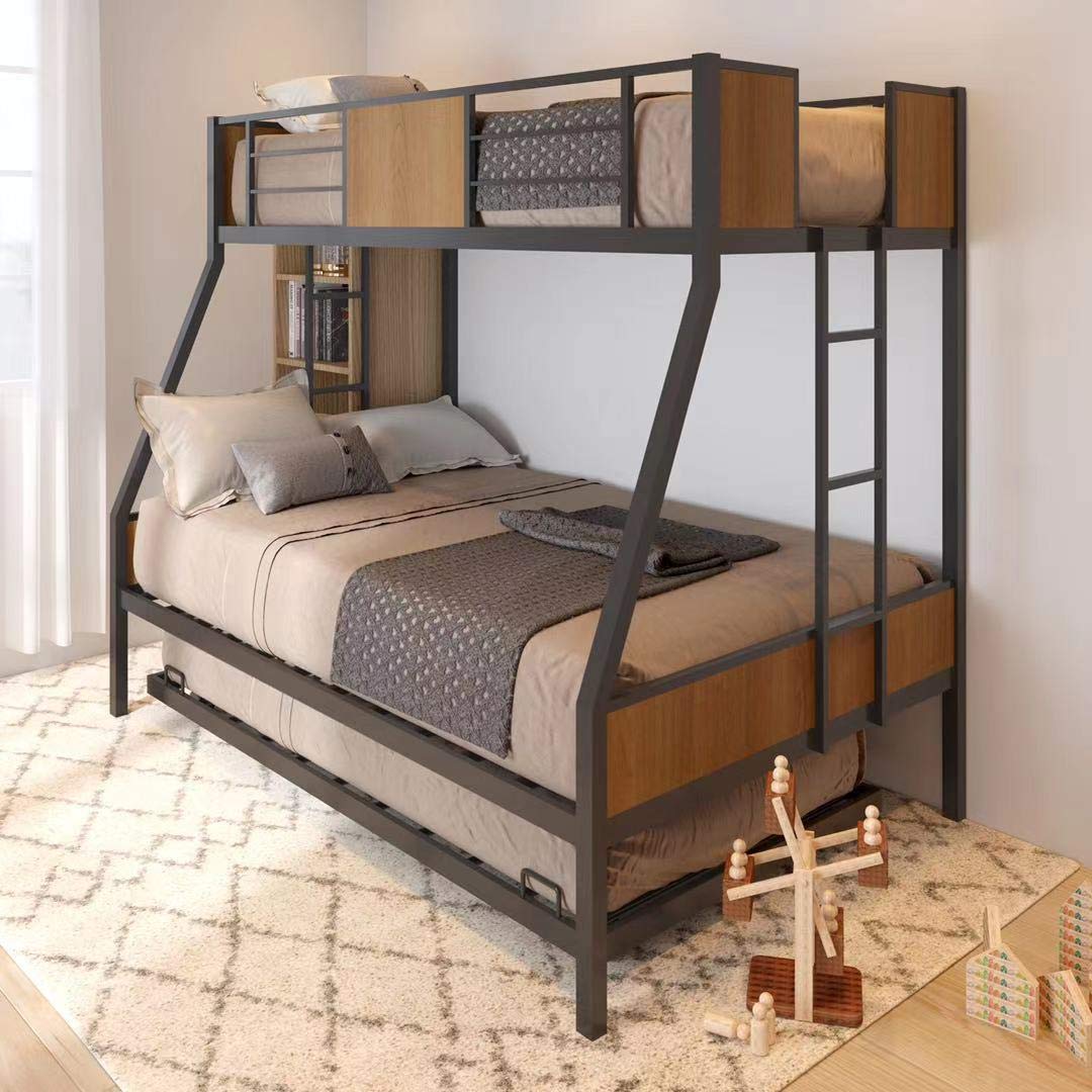 Olela Twin Over Full Metal Bunk Bed with Trundle - Heavy Duty Steel Frame for Kids, Teens & Adults - Safety Rails & Dual Ladders - No Box Spring Needed (Black) - Perfect for Small Bedrooms, Guest Rooms & Vacation Homes