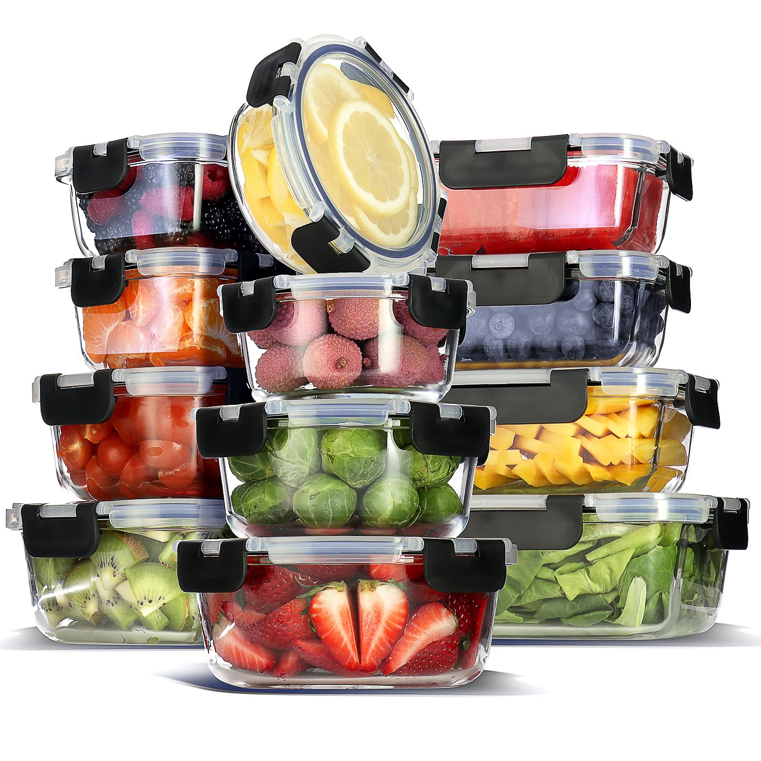 EATEX 24-Piece Glass Food Storage Containers Set with Airtight Lids - 12 Containers & 12 Lids - BPA-Free Kitchen Pantry Organizers for Meal Prep, Leftovers, Freezer & Oven Safe - Ideal for Lunch Boxes, Baking & Food Preservation