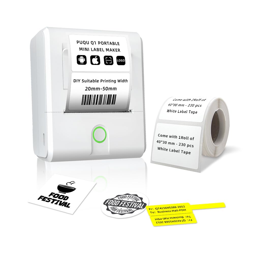 PUQU Q1 Portable Bluetooth Label Maker - Wireless Thermal Sticker Printer for Clothing, Jewelry, Retail, Barcodes, Mailing & Organization | Compatible with Android & iOS | White | Perfect for Home, Office & Small Business Labeling Needs