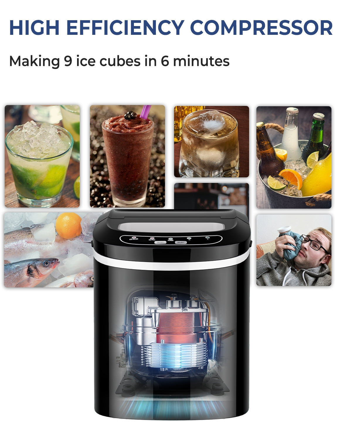 Mini Portable Compact Electric Ice Maker Machine - Fast 26lbs/24H, 9 Ice Cubes in 6 Mins, Quiet Operation, Perfect for Home, Office, RV & Outdoor Use - Black