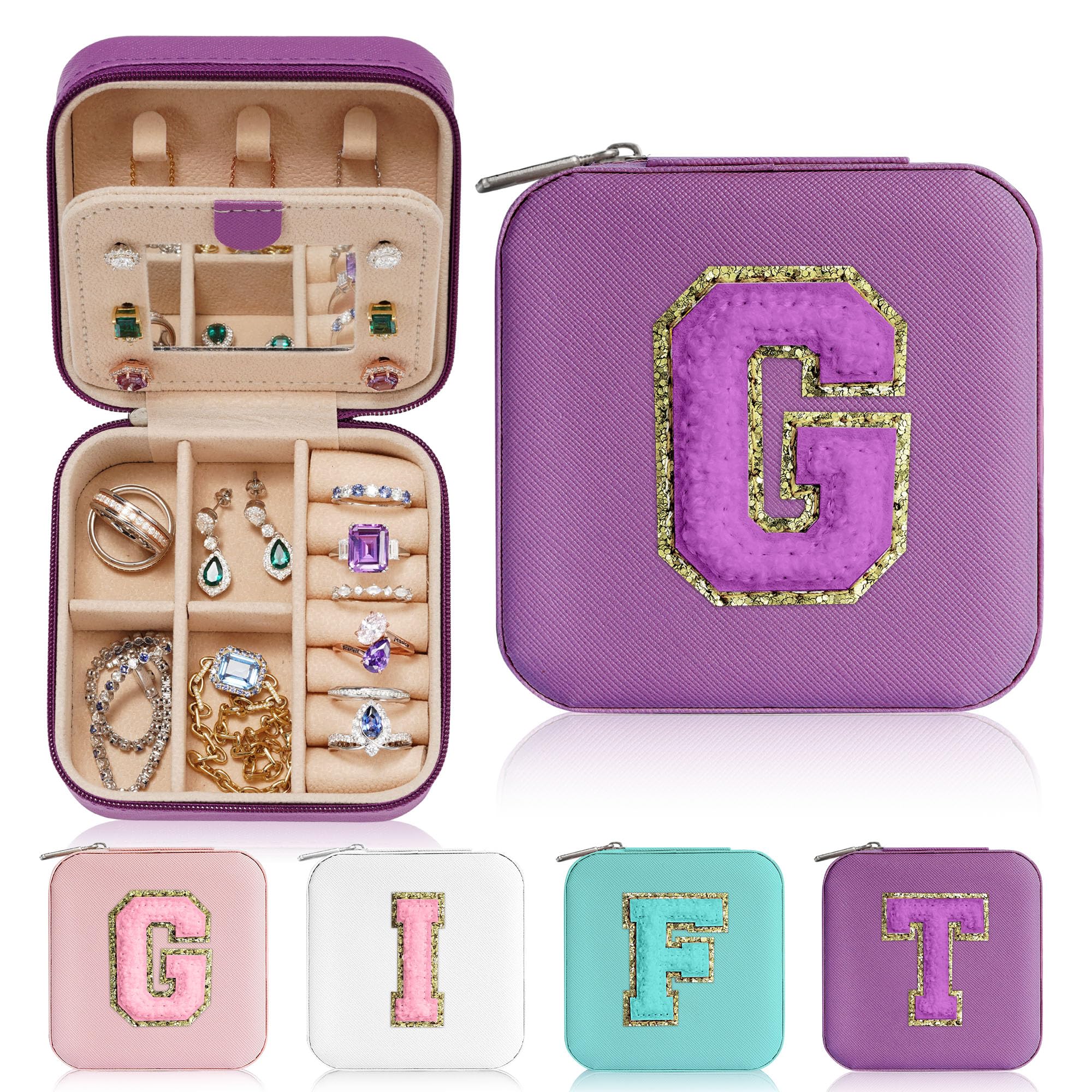 Personalized Initial Jewelry Box for Girls - Small Travel Jewelry Organizer Case with Monogram Letter G, Purple | Perfect for Gift, Birthday, Wedding, Travel & Daily Jewelry Storage