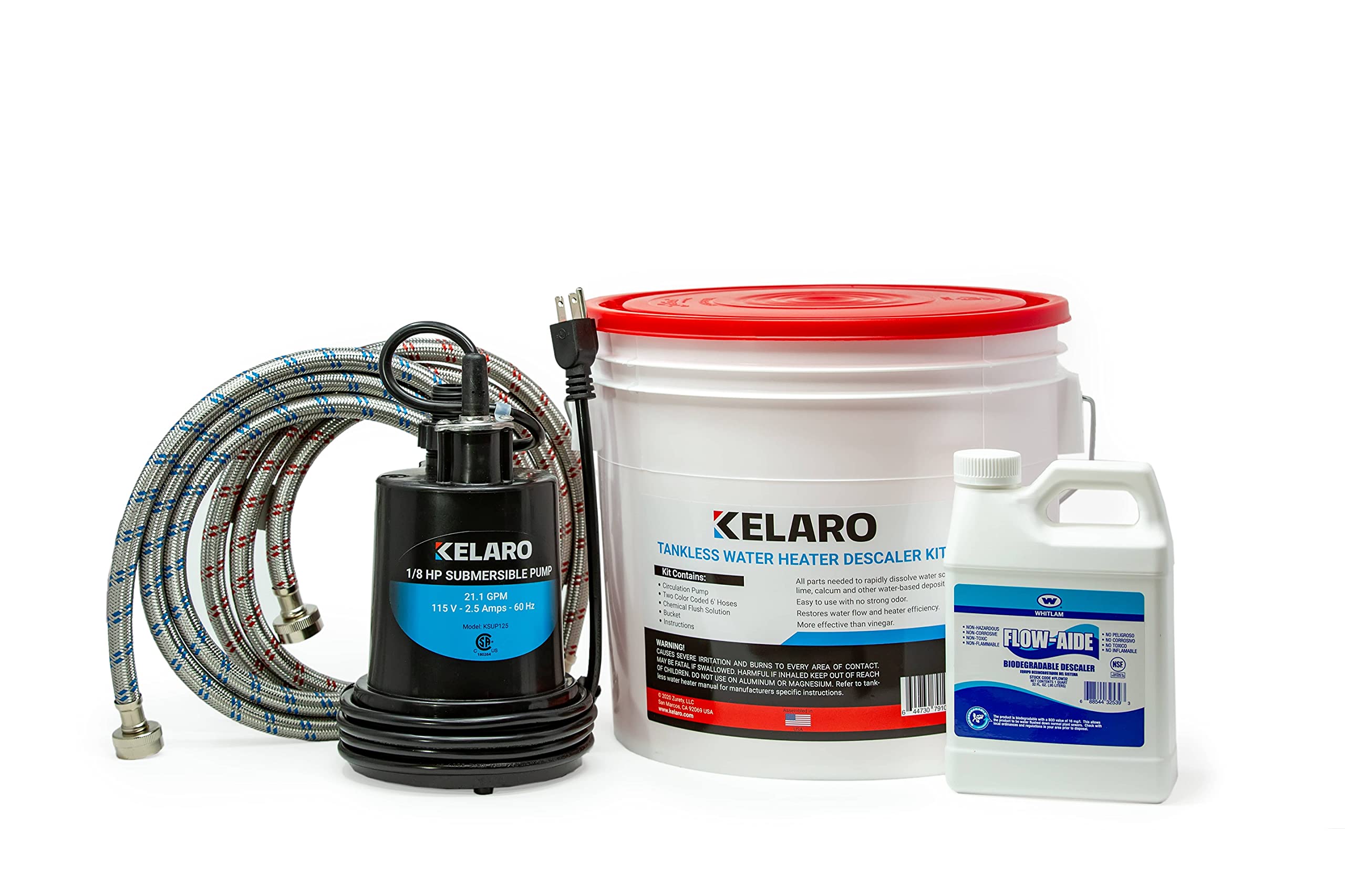 Kelaro Tankless Water Heater Flushing Kit with Flow-Aide Biodegradable Descaler - Professional Descaling Solution for Tankless Water Heaters - Perfect for Home Maintenance & System Cleaning