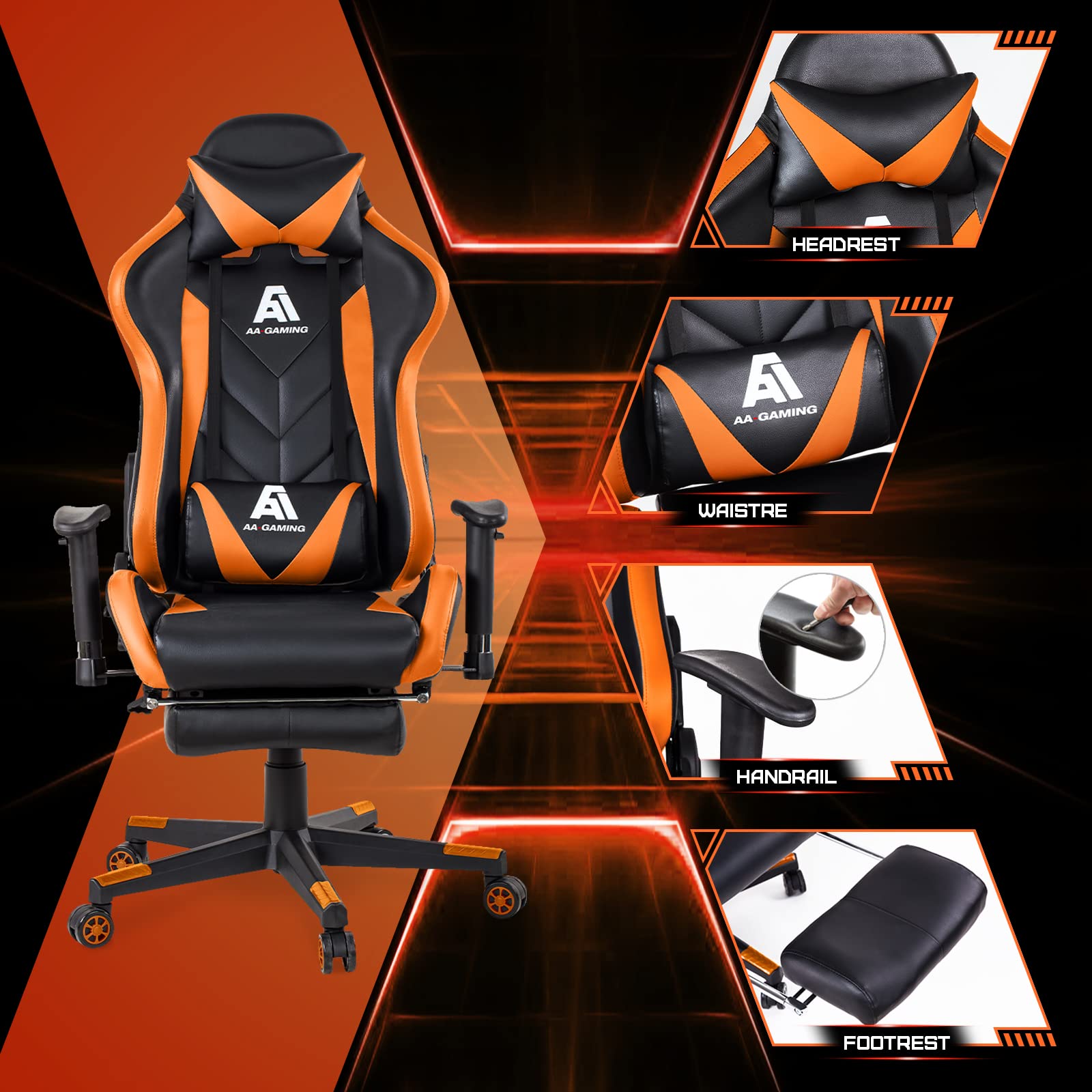 Ergonomic High Back Gaming Chair - Adjustable Racing Office Chair with Footrest & Lumbar Support - Swivel Computer Desk Chair for PC Gaming, Streaming & Home Office - Orange