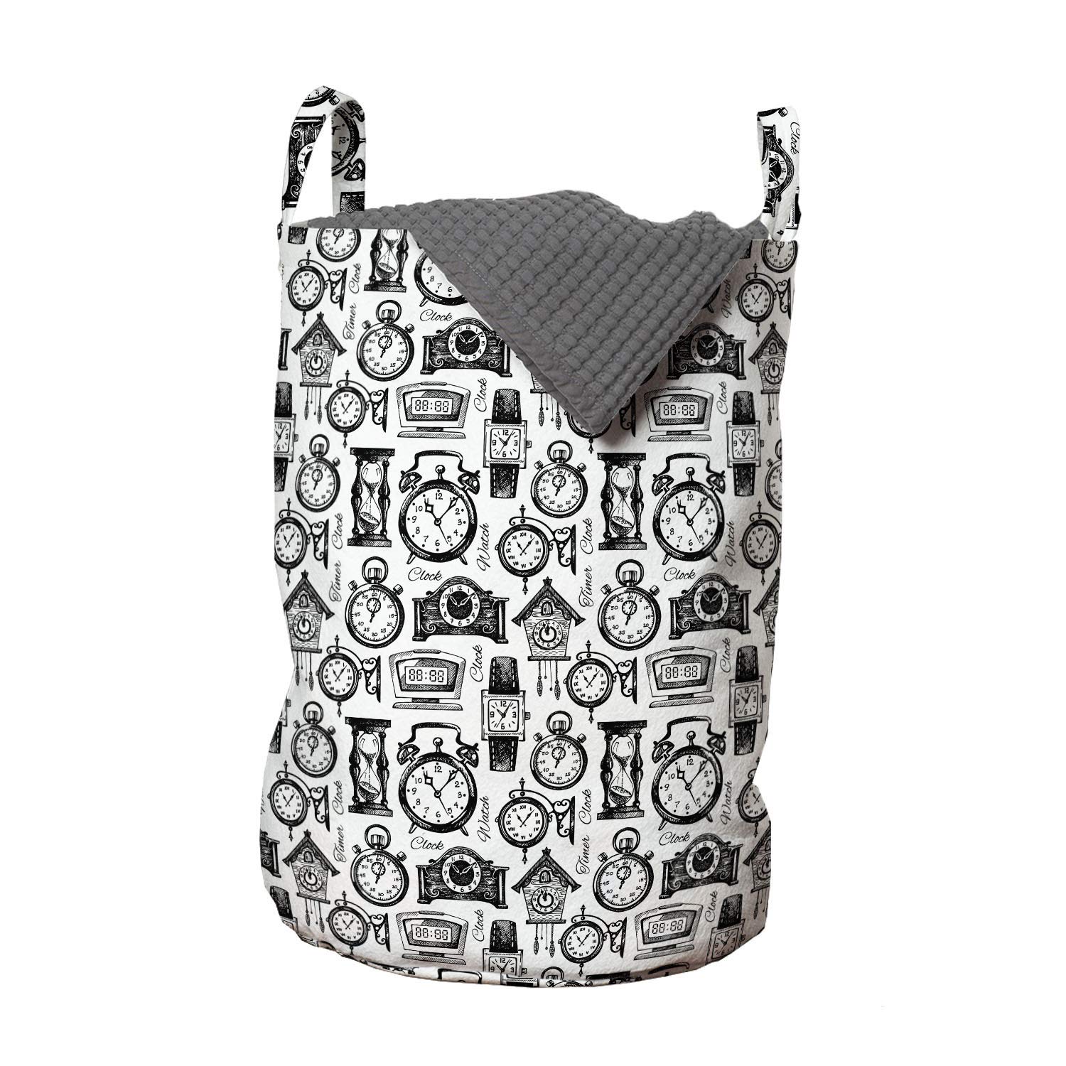 Ambesonne Vintage Laundry Bag with Hand Drawn Clock Illustration - Monochrome Black & White Design, 13
