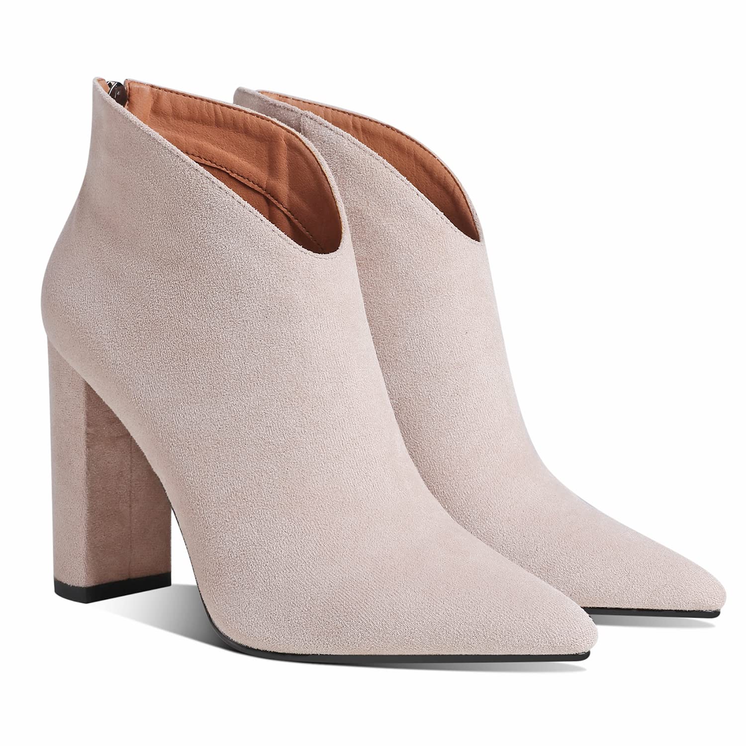 LEHOOR Women's Suede Chunky Heel Booties - Pointed Toe Ankle Boots with Back Zipper, 3 Inch Block Heel, Vintage Style (US 4-11) | Elegant Dress Boots for Work, Winter Fashion & Daily Wear