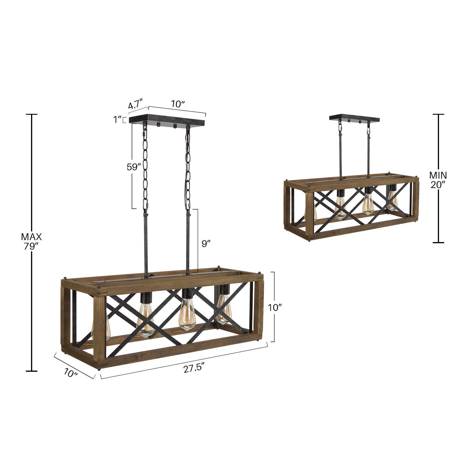 Rustic Farmhouse Chandelier - 4-Light Rectangular Dining Room Lighting Fixture (27.5 Inch) - Perfect for Kitchen Island, Breakfast Nook & Country Style Home Decor