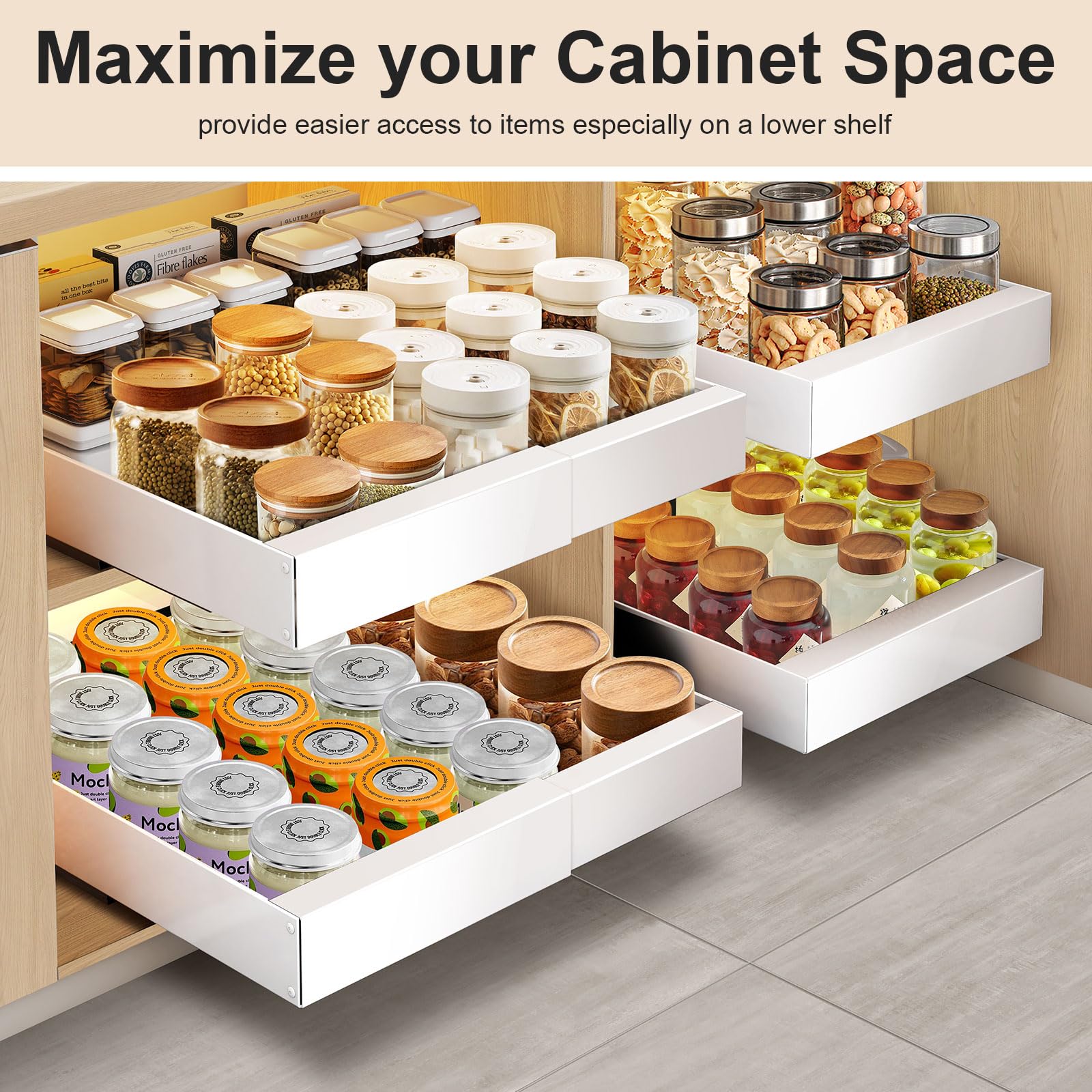 Expandable Pull Out Cabinet Organizer - 2 Pack Heavy Duty Adhesive Slide Out Drawers for Kitchen, Pantry & Bathroom Storage | Space Saving Sliding Shelves for Cabinets (Not for Cabinets with Lips) | Perfect for Organizing Spices, Utensils & Toiletries