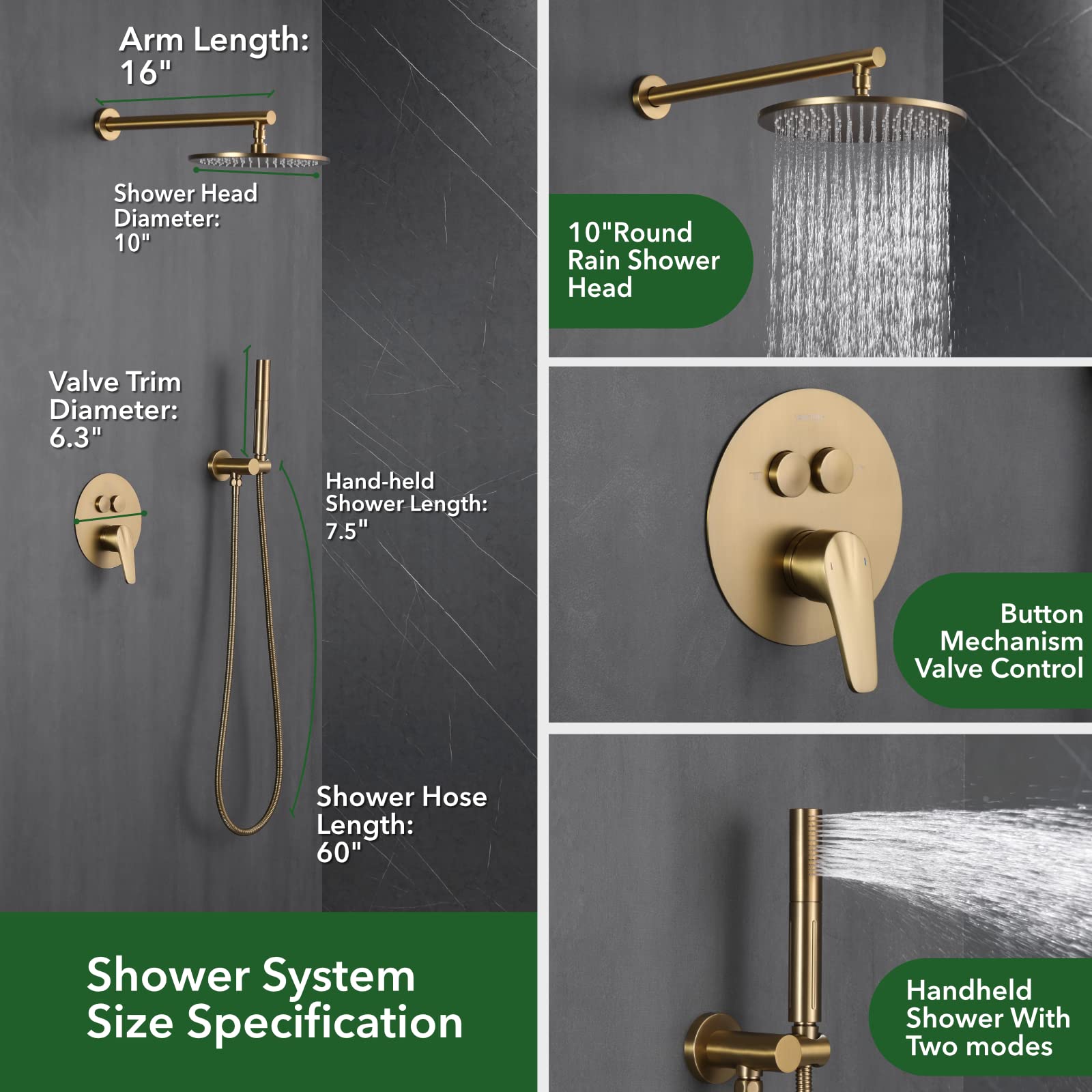 VANFOXLE Brushed Gold Shower Faucet Set - Wall Mounted Shower System with Push Button Diverter & 2-in-1 Handheld Shower Head (10 Inch, Includes Rough-in Valve Body & Trim) - Perfect for Bathroom Renovation, Modern Home Upgrade & Spa-Like Shower Experience