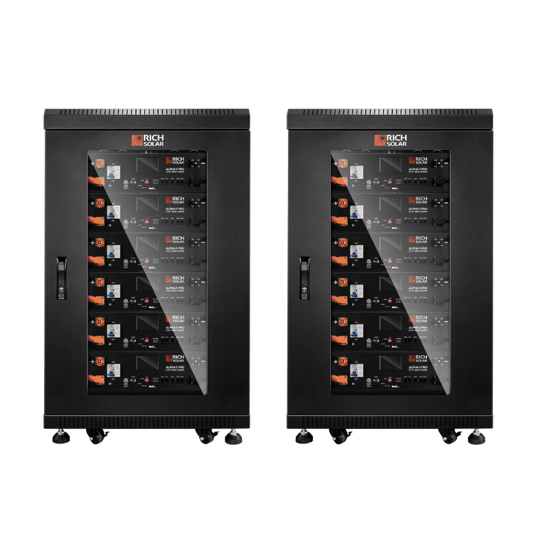 Rich Solar ALPHA 5 PRO 30.72kWh Server Rack Battery Kit with 6 Pre-Assembled Batteries, Enclosed Rack, Door & Wheels - Ideal for Solar Energy Storage, Off-Grid Power Systems, and Home Backup Power Solutions
