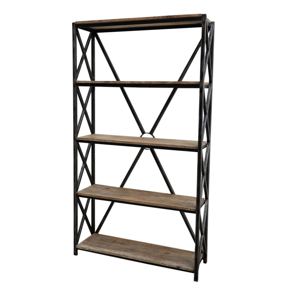 Rustic Industrial 4-Tier Bookcase - Solid Wood Bookshelf with Metal Braces for Home Office, Living Room & Library Storage