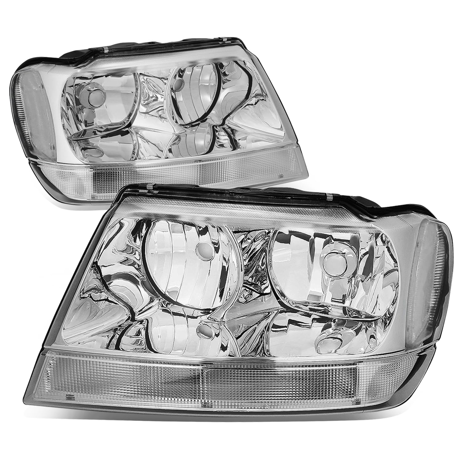 Auto Dynasty Halogen Headlights Assembly Replacement for 1999-2004 Jeep Grand Cherokee WJ - Driver & Passenger Side Headlamps (CH2502121 CH2503121) with Chrome Housing & Clear Corner - Perfect for Night Driving & Off-Road Adventures