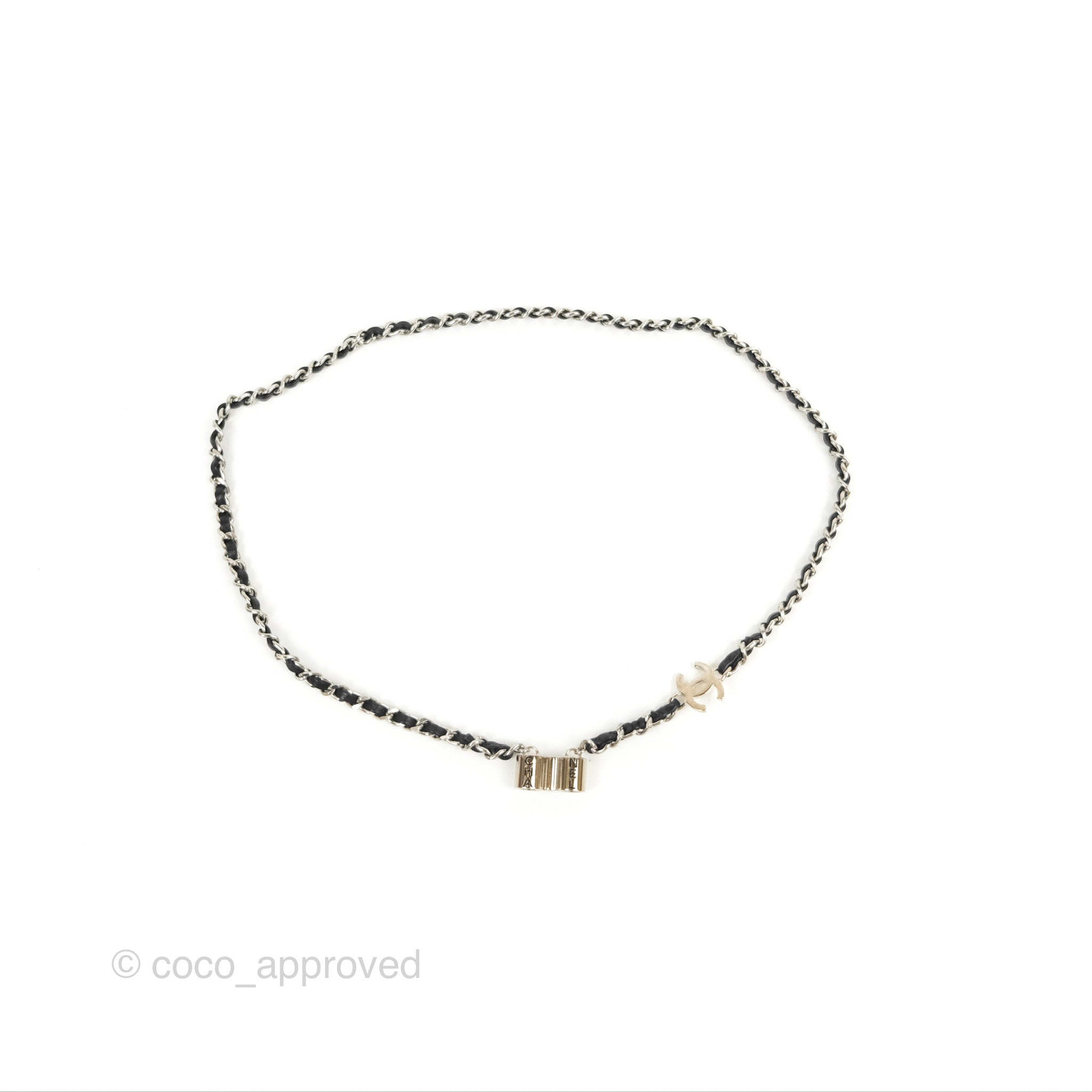 Chanel CC Woven AirPods Necklace in Black Lambskin with Silver Hardware - Stylish Accessory for Music Lovers & Fashion Enthusiasts