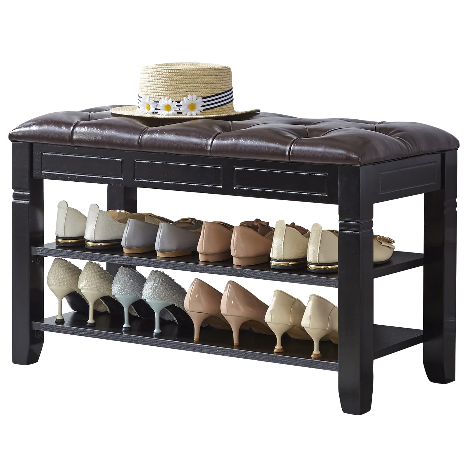 LEILISI 2-Tier Shoe Bench with Cushion & Lift Top Storage | Wooden Entryway Shoe Organizer for Living Room, Bedroom & Hallway (Black, 31.5