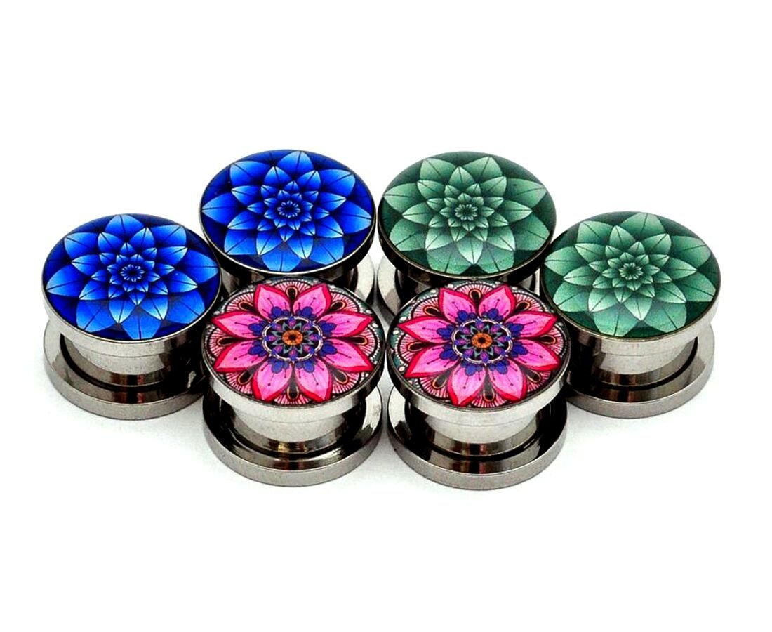 3 Pairs Screw-On Picture Plugs Set #6 (Blue Lotus, Green Lotus, Flower Mandala) - Wall Hanging Hardware for Art, Photos & Framed Decor - Perfect for Home, Office & Gallery Displays