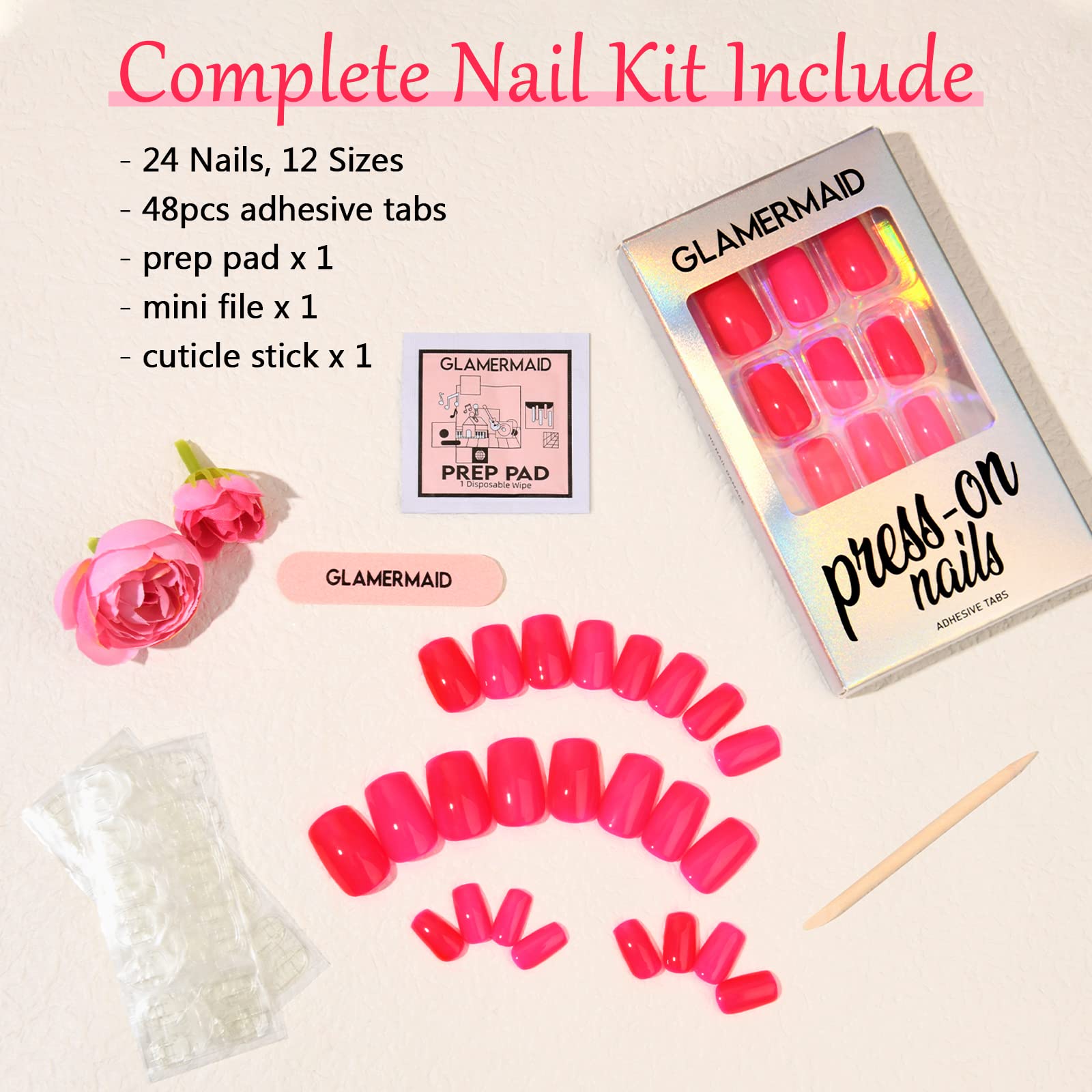 Glamermaid Short Press on Nails - Handmade Hot Pink Fake Nails with Medium Square Shape & UV Jelly Finish | Reusable Acrylic False Nail Kit with Glue for Women | Perfect for Parties, Weddings & Everyday Wear
