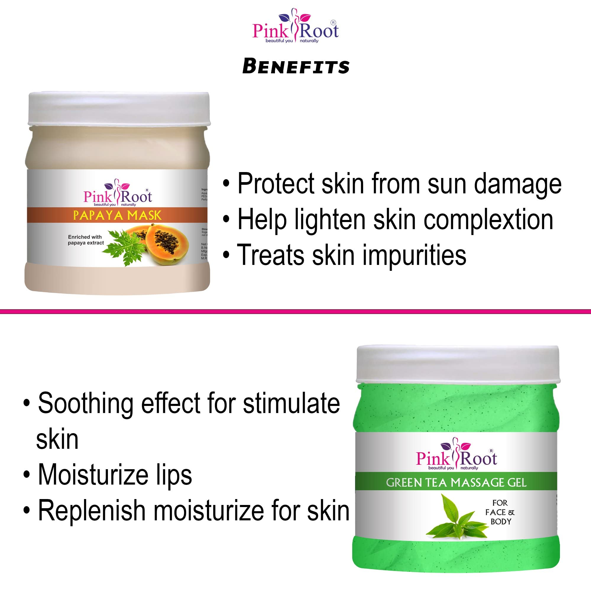 Organic Pink Root Green Tea Massage Gel & Papaya Face Mask Set - 500ml Each - Hydrating Skin Care for Relaxation & Anti-Aging - Perfect for Spa Day, Self-Care Routine & Gift Giving