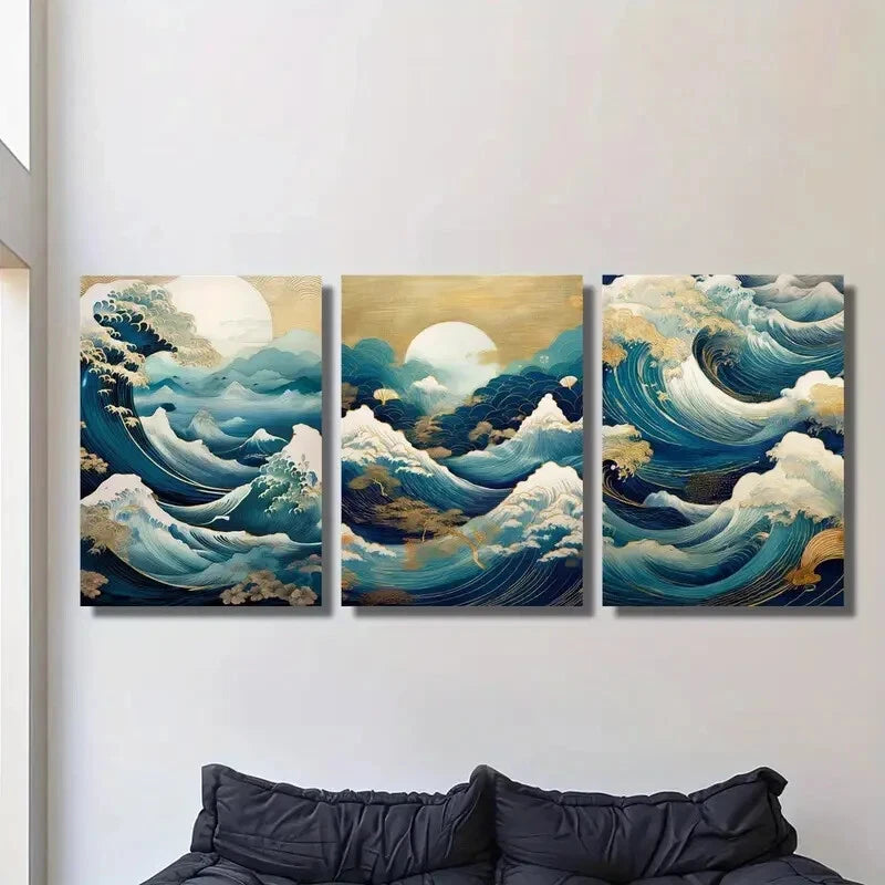 3-Piece Ukiyo-e Style Moon Viewing Metal Wall Art Prints - Ready to Hang Japanese Home Decor for Living Room, Bedroom & Office