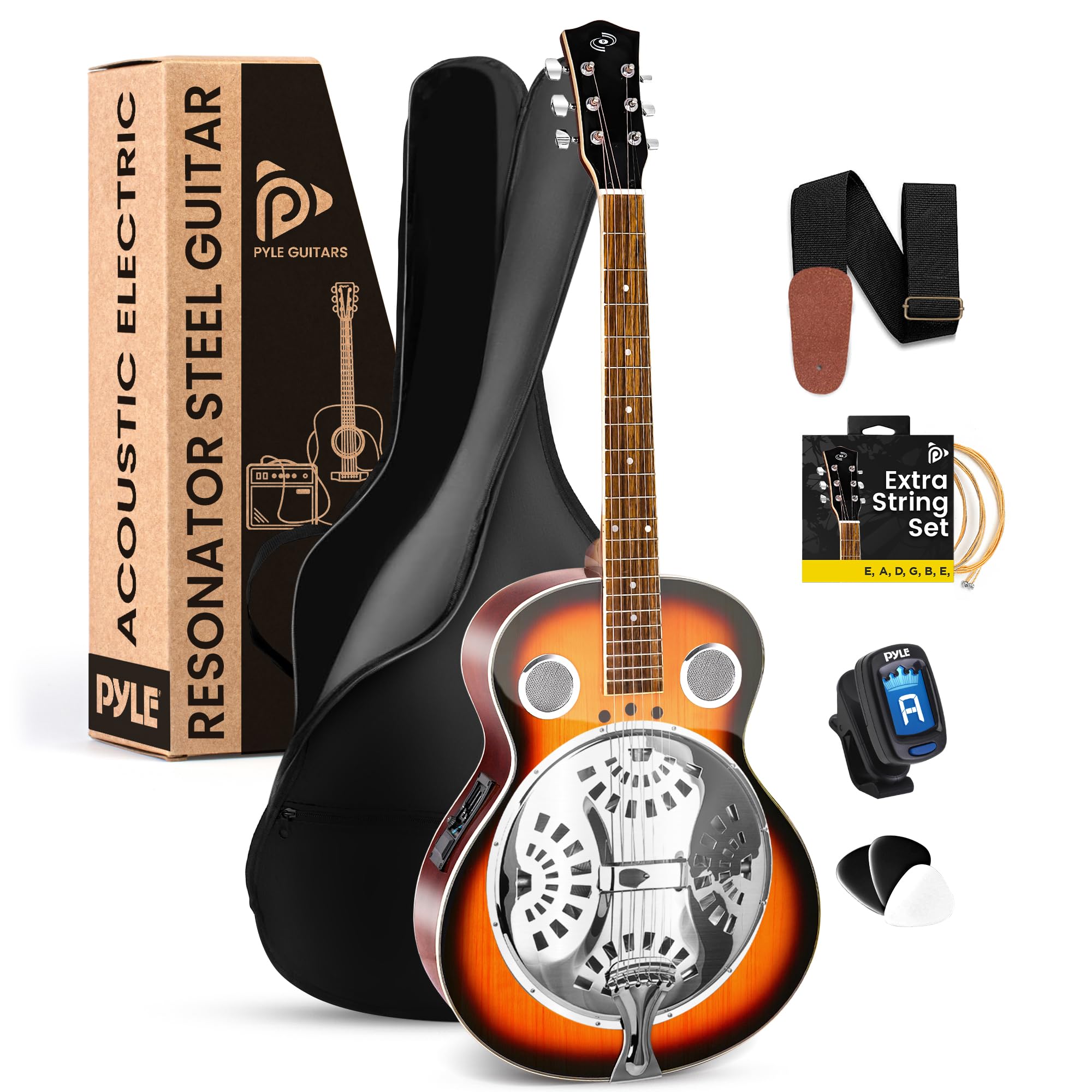 Pyle Resophonic Resonator Acoustic Electric Guitar - 6 String Round Neck Sunburst Mahogany with Built-in Preamp, Gig Bag, Strap, Steel Strings, Tuner & Picks | Perfect for Blues, Country & Live Performances