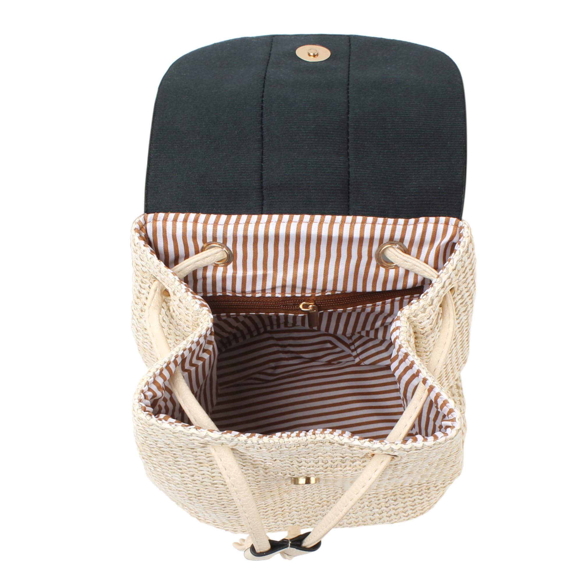 Women's Mini Braid Tassel Straw Woven Backpack - PU Leather Flap Drawstring Daypack, Small Convertible Crossbody Purse for Beach, Travel & Everyday Use