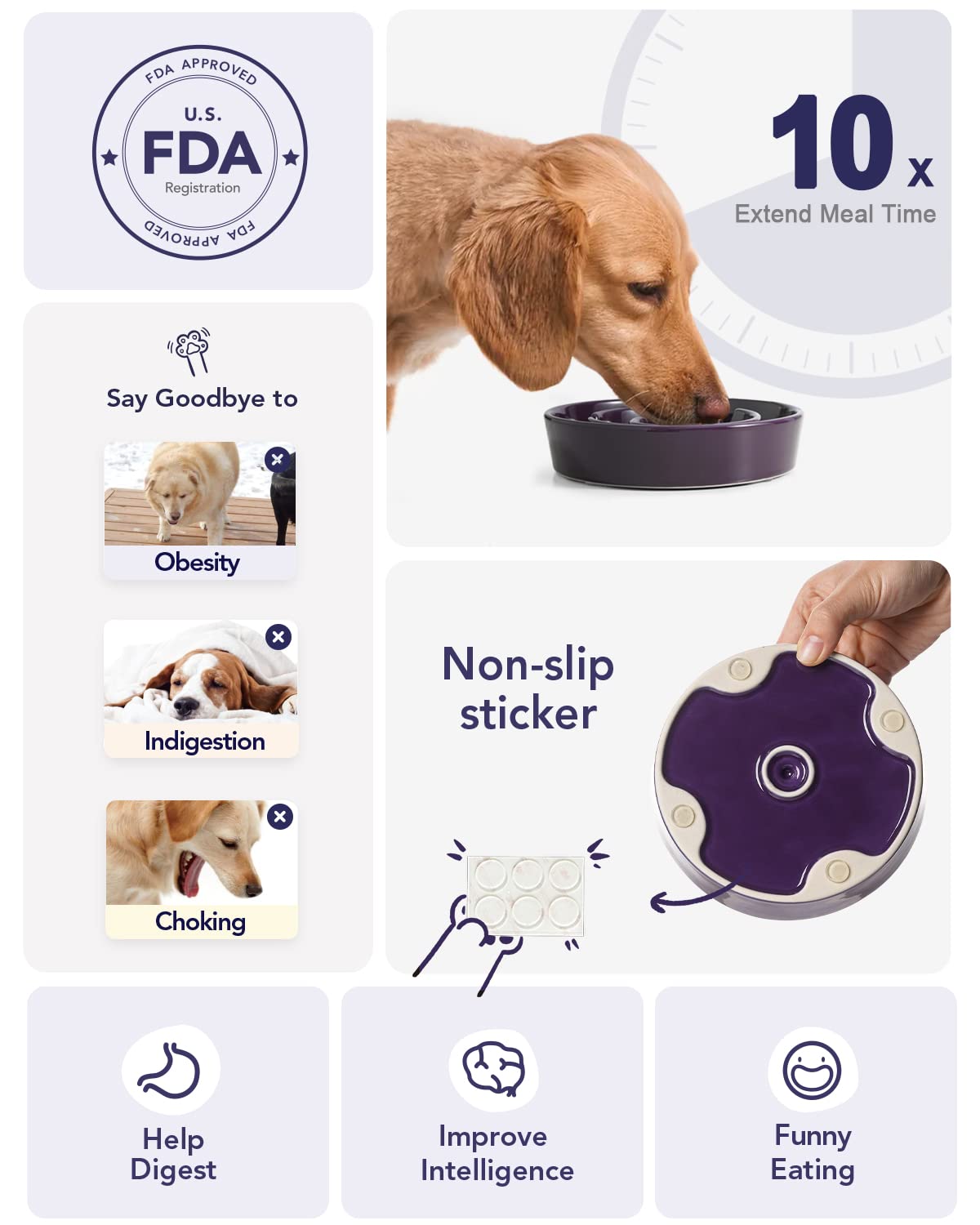 LE TAUCI Ceramic Slow Feeder Dog Bowl for Small Breeds - 0.6 Cup Puzzle Food Dish for Fast Eating Dogs & Cats - Purple - Perfect for Mealtime Portion Control and Digestion Aid