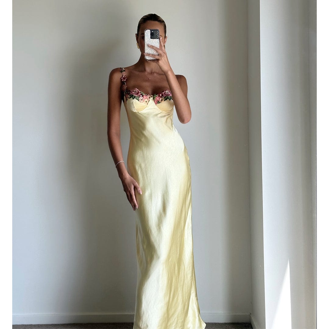 CRUZ Soft Yellow Strappy Bustier Maxi Dress for Women - Elegant Summer Beach Wedding Party Dress with Flowy Skirt & Adjustable Straps | Perfect for Vacations, Date Nights & Special Occasions