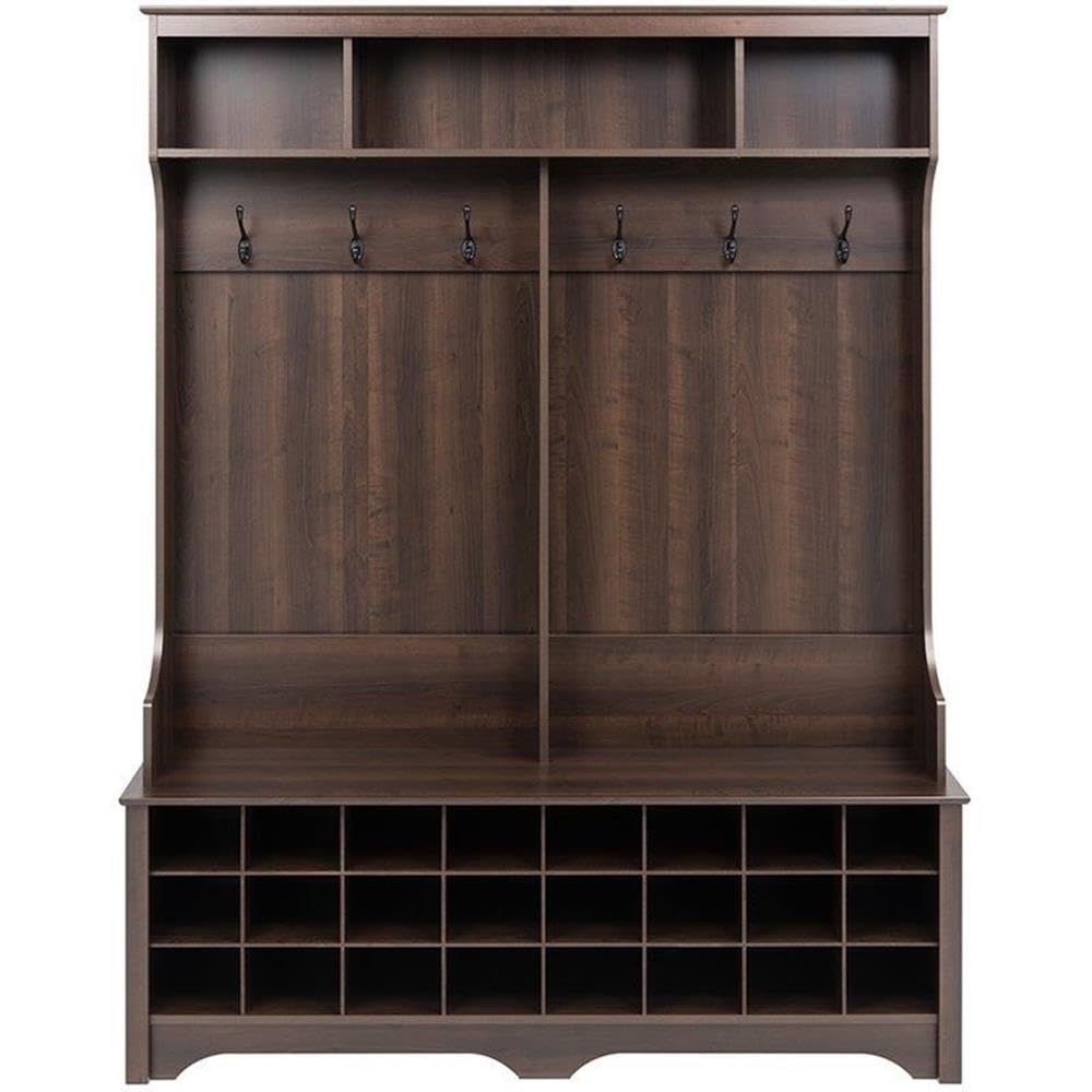 Prepac Brown Hall Tree Entryway Storage Cabinet - 24 Shoe Cubbies & 6 Double Coat Hooks - 15.5