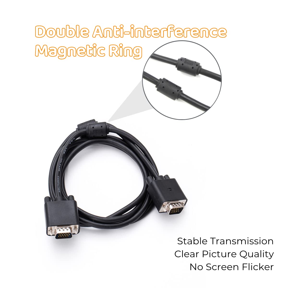 Premium Gold-Plated VGA to VGA Cable 1.5M-2M with Ferrite Cores - Male to Male Monitor Cord for Projectors, HDTVs, Displays & Laptops - Ideal for Home Theater, Office Setup & Gaming Stations