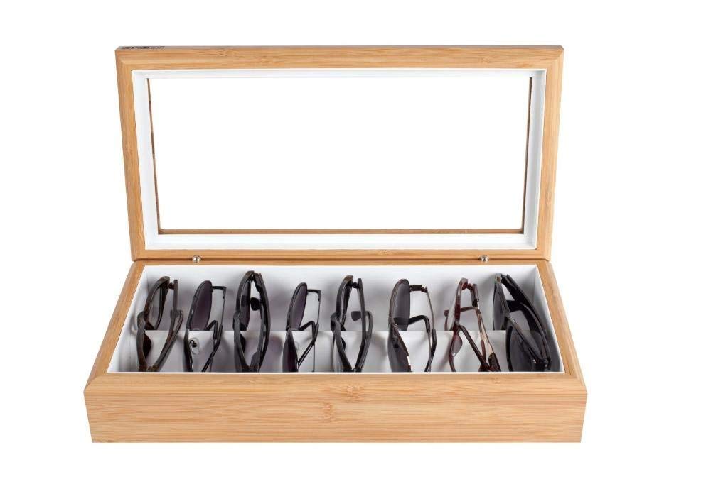 Premium Bamboo Wood Eyeglass & Sunglasses Organizer with Tech Tray - Luxury Lacquered Wood Storage Box for Glasses, Smartphones & Watches | Perfect for Home, Office & Travel Organization