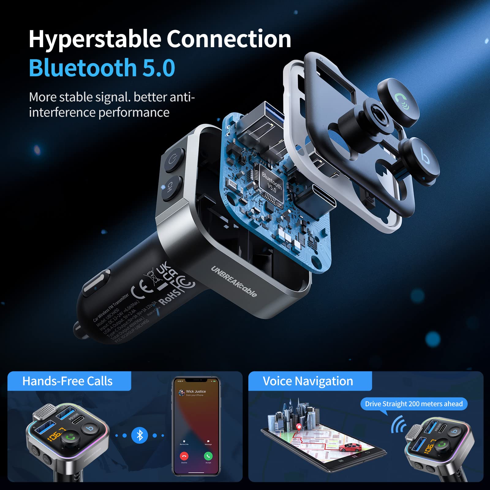 UNBREAKcable Bluetooth FM Transmitter for Car - 38W PD Fast Charger, Wireless FM Radio Adapter with Hands-Free Calling & HiFi Bass Boost | Supports USB Drive & MP3 Playback | Perfect for Road Trips, Commuting & Music Lovers