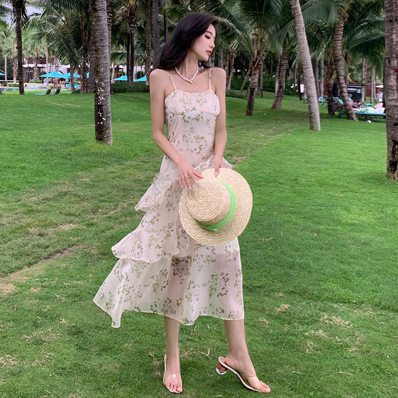 French Floral Spaghetti Strap Dress - Summer Retro Cake Dress for Women | Elegant Vintage Style Party & Wedding Guest Outfit