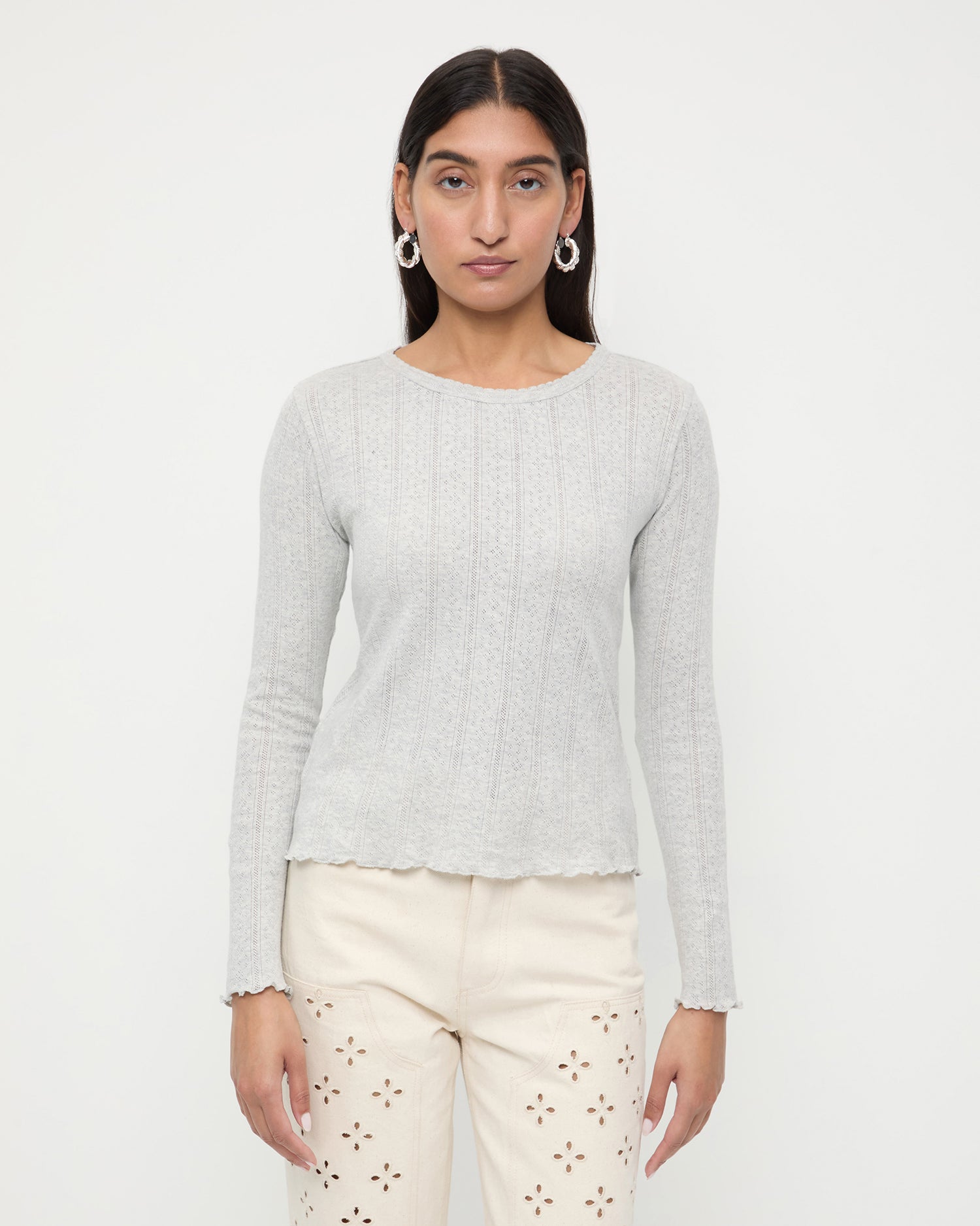 Lolo Pointelle Long Sleeve Knit Top for Women - Soft Breathable Lace Knit Sweater - Perfect for Office, Date Night & Fall Layering