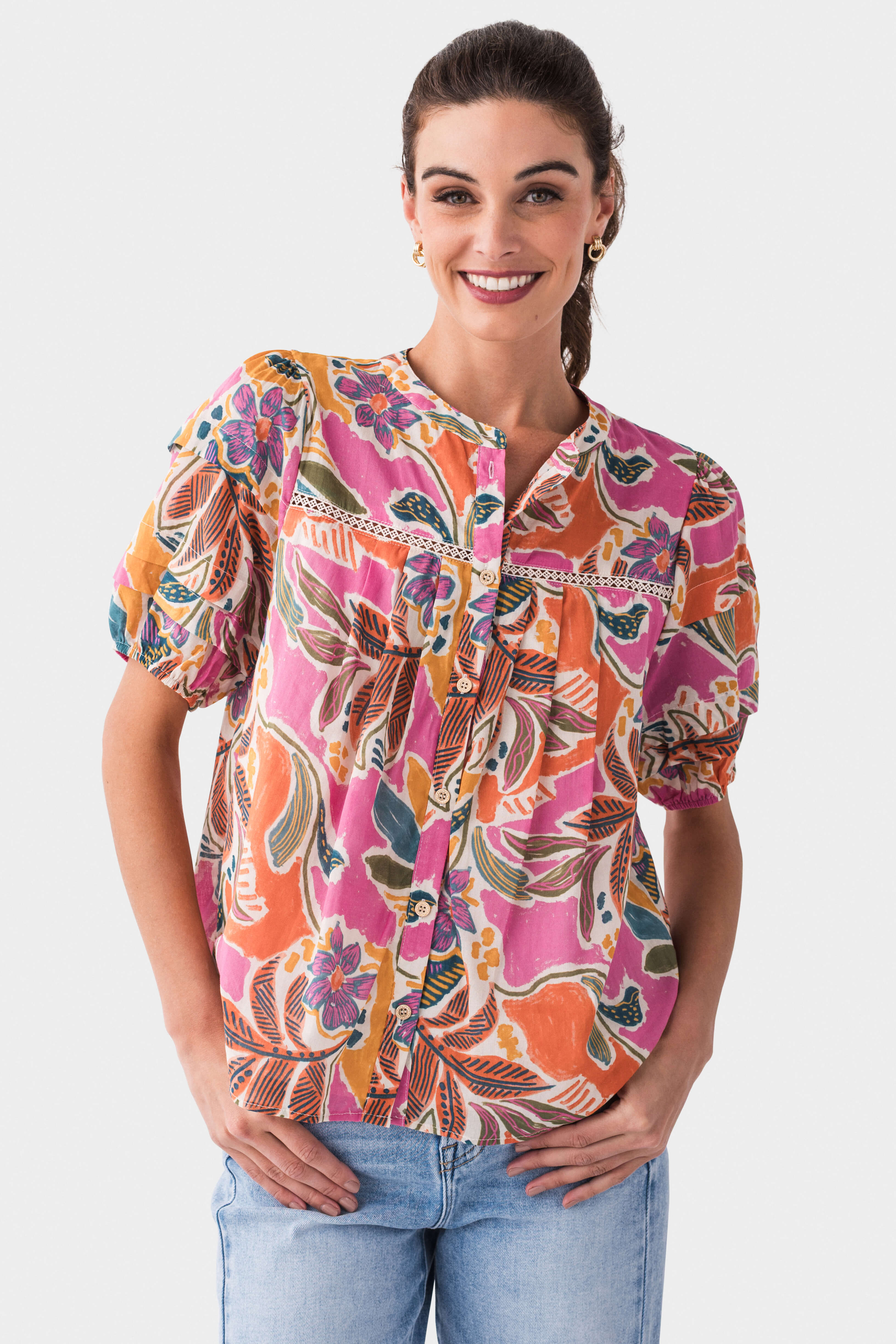 Fashion Women's Tuck Detail Lace Insert Short Sleeve Blouse Top - Perfect for Office Wear, Date Night & Casual Outfits