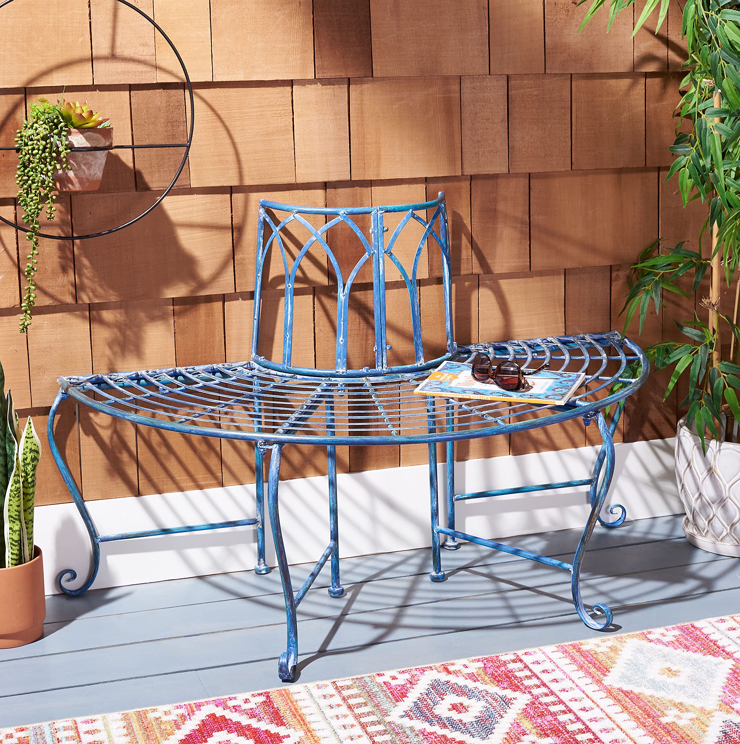 SAFAVIEH PAT5018C Abia Antique Blue 50-inch Wrought Iron Outdoor Tree Bench - Perfect for Garden, Patio, and Backyard Decor