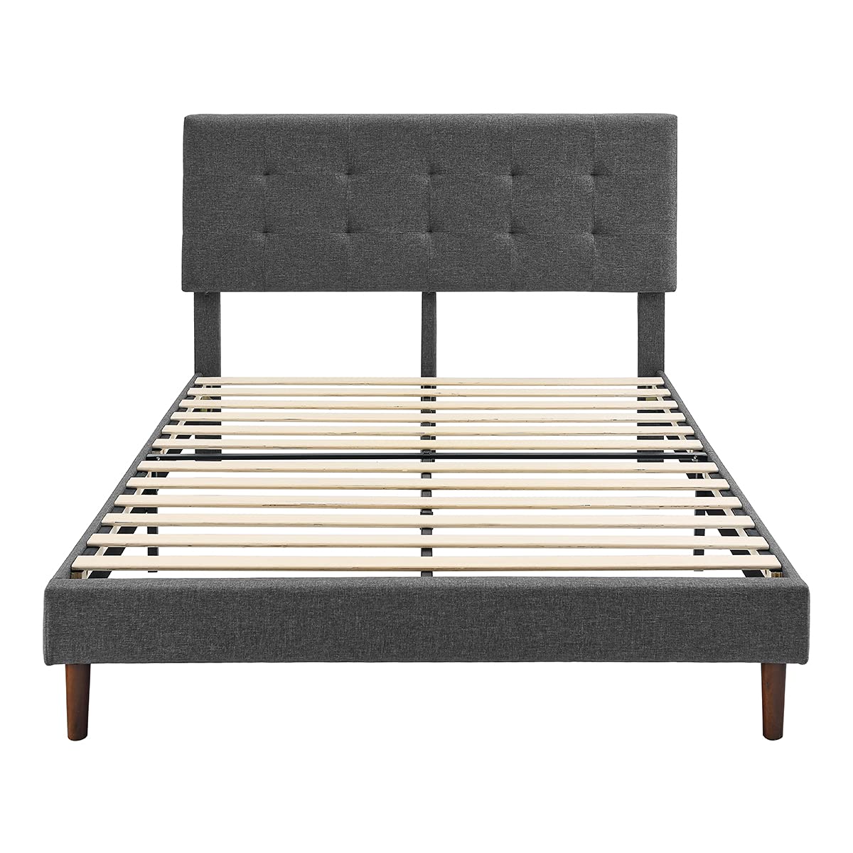 King Size Dark Grey Linen Upholstered Platform Bed Frame with Square Stitch Tufted Headboard & Wooden Slats - Adjustable Height for Modern Bedroom Decor