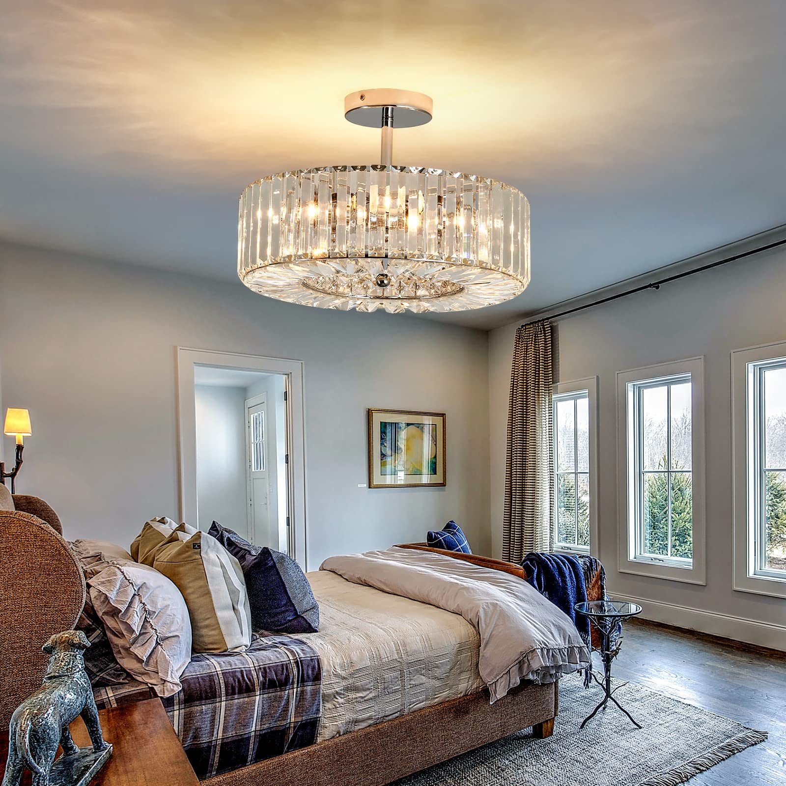 4-Light Modern Crystal Chandelier - Round Semi-Flush Mount Ceiling Light Fixture in Chrome Finish - Farmhouse Style Lighting for Dining Room, Living Room, Bedroom, Hallway, Entryway & Kitchen - Perfect for Home Decor, Wedding Venues and Restaurant Ambiance