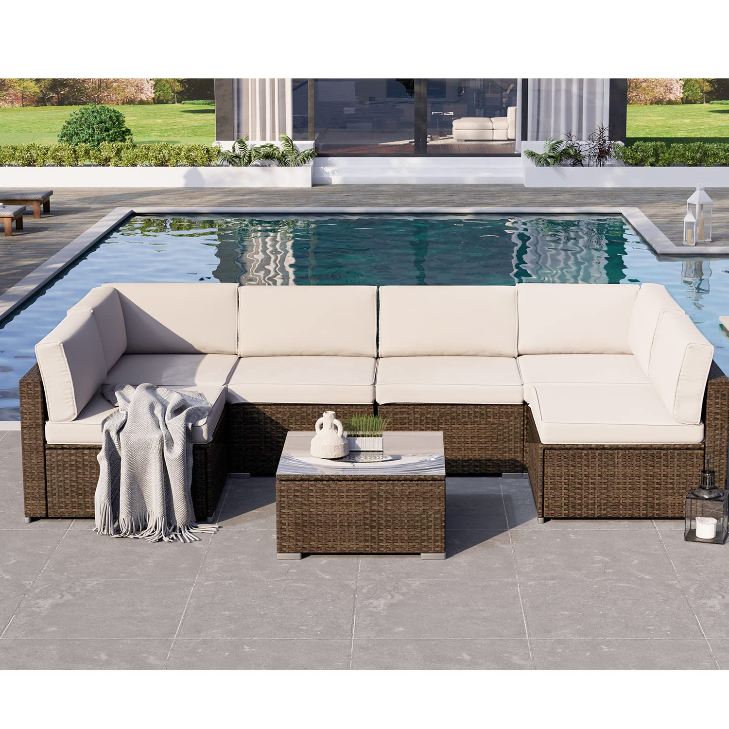 HOMPUS 7-Piece Brown Wicker Outdoor Patio Furniture Set - Modular L-Shaped Sectional Sofa with Blue Cushions, Pillows & Coffee Table - Perfect for Backyard, Garden, Deck, and Poolside Relaxation