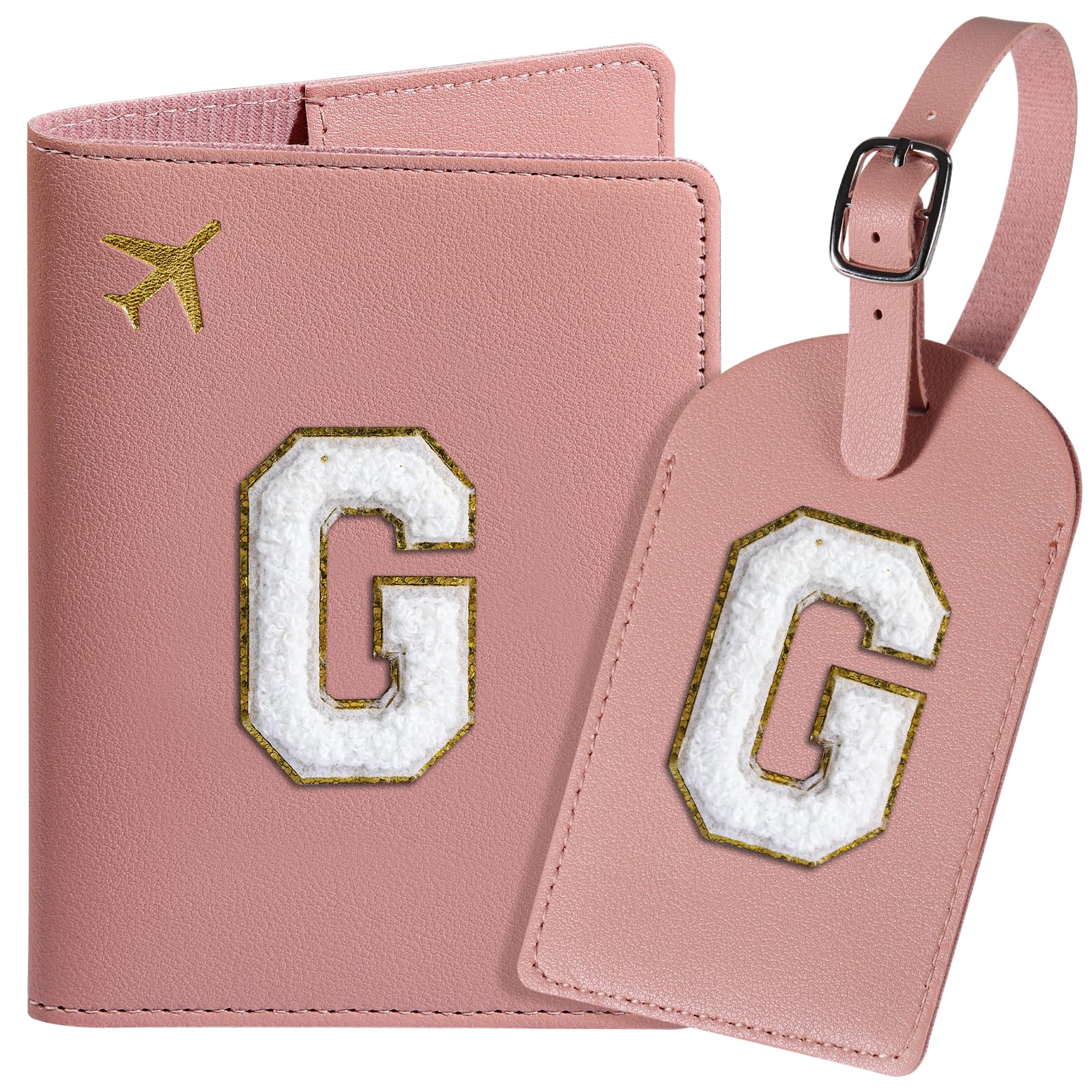 Personalized Pink Passport Cover and Luggage Tag Set for Women - Slim Travel Wallet with Chenille Letter Patch - Perfect for International Travel, Vacation & Business Trips - Suitcase Identifier & Passport Book Holder