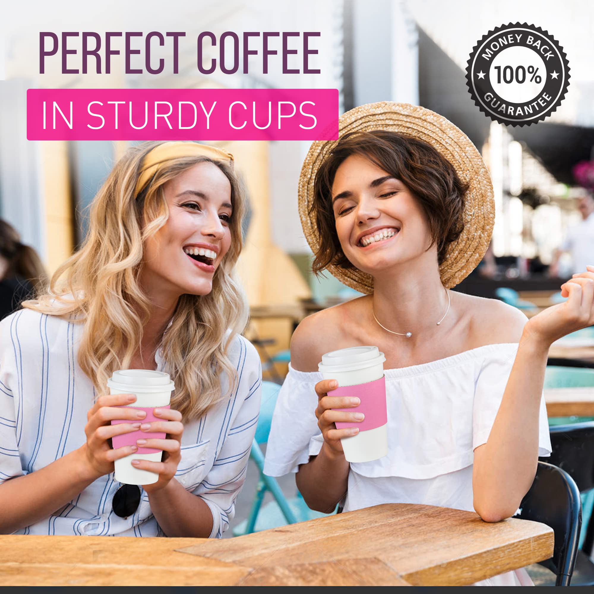500 Pack 16oz Disposable Coffee Cups with Lids & Pink Sleeves - Lead-Free Sturdy To-Go Hot Paper Cups for Coffee, Tea, Hot Chocolate - Perfect for Parties, Weddings, Birthdays, Office & Cafes (White Lids)