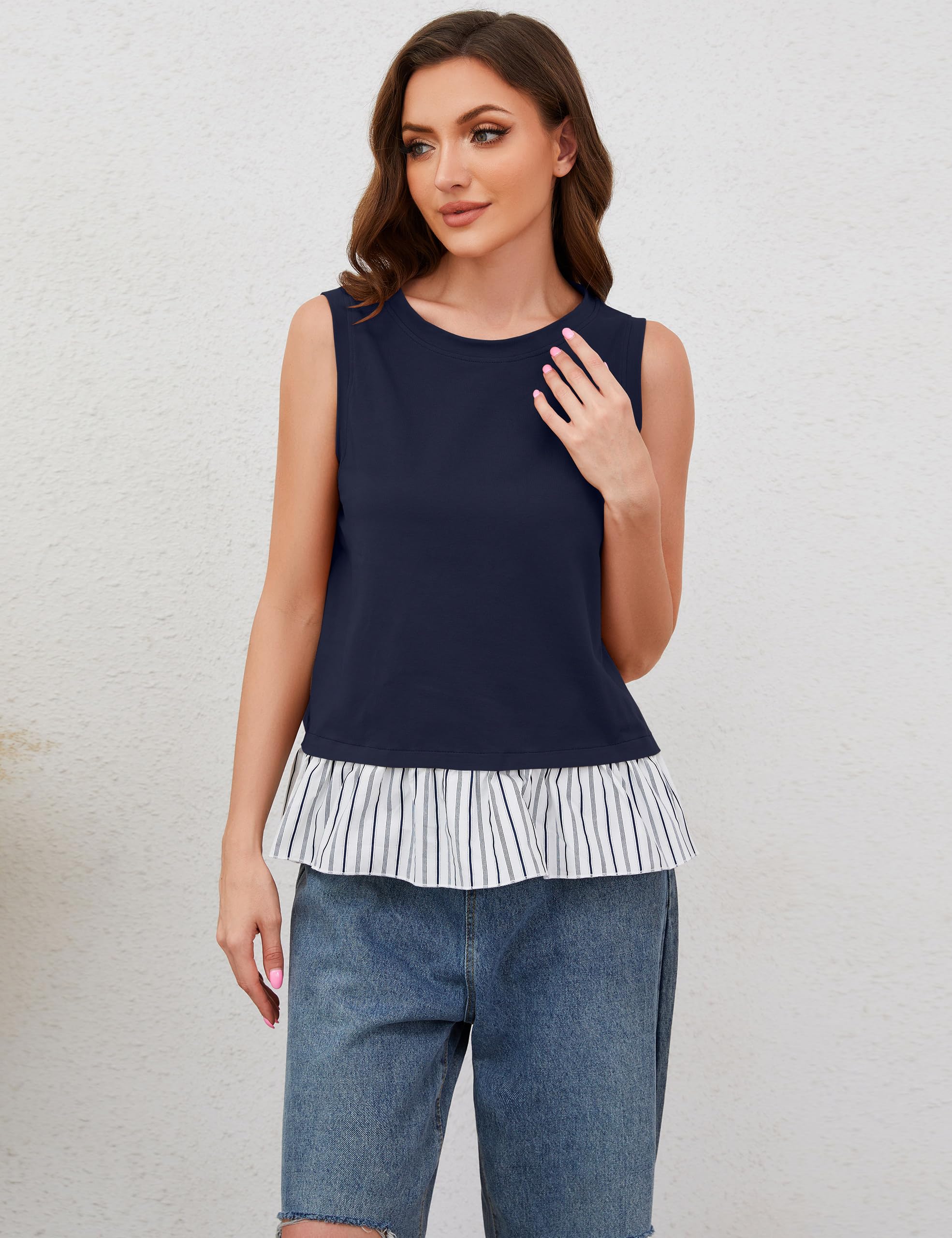 MISSACTIVER Women's Striped Sleeveless Tank Top - Patchwork Ruffled Hem Open Back Cami Shirt, Round Neck Casual Summer Tops for Beach, Party & Going Out